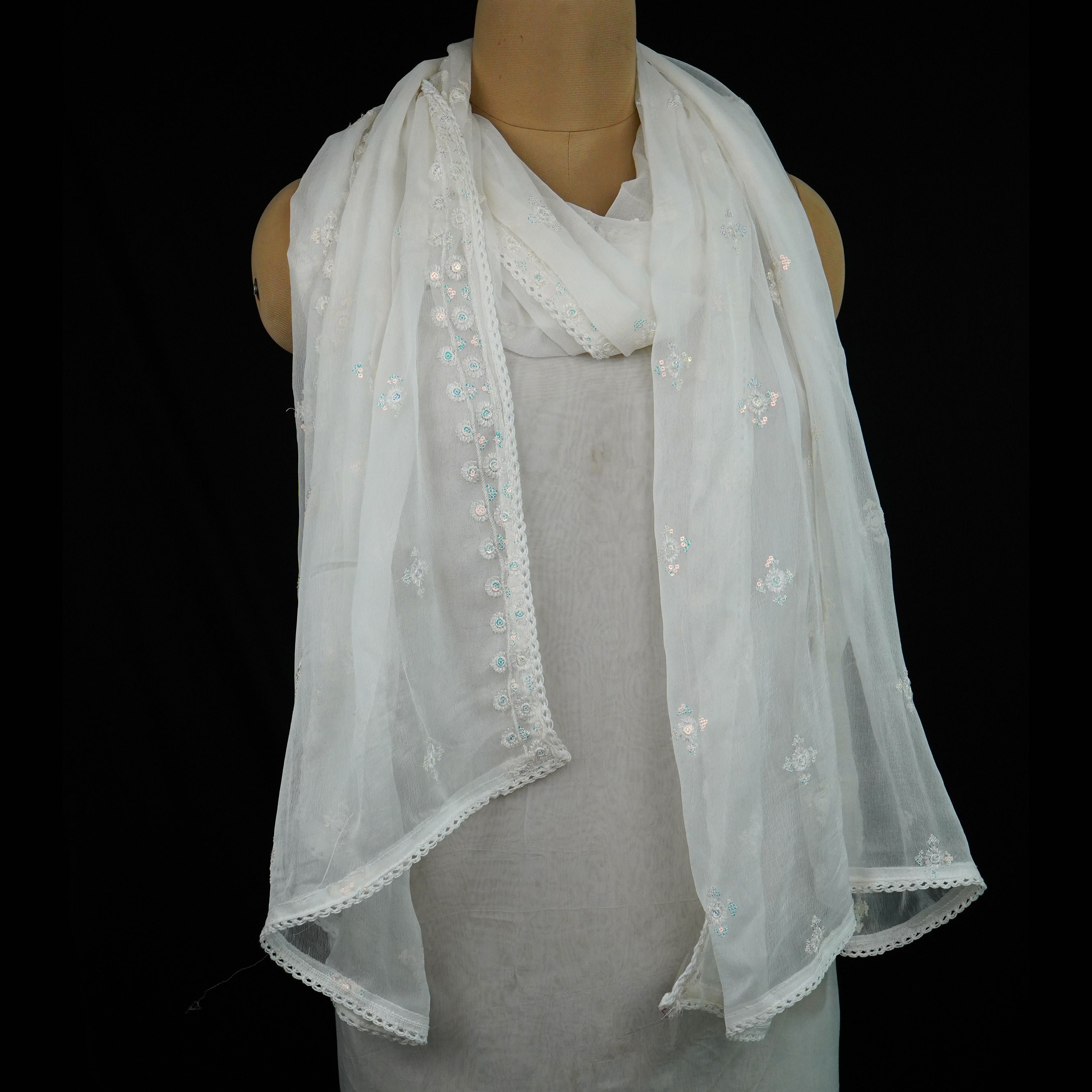 White Dyeable embroidery Chiffon Dupatta SST-31013 - TradeUNO