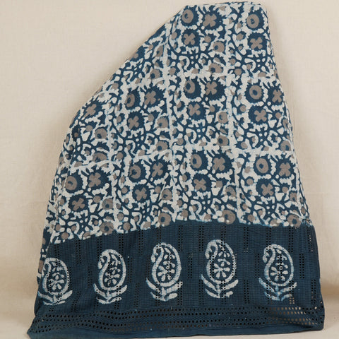 Blue & White Floral Batik Print Cotton Schiffli Fabric CH-29810