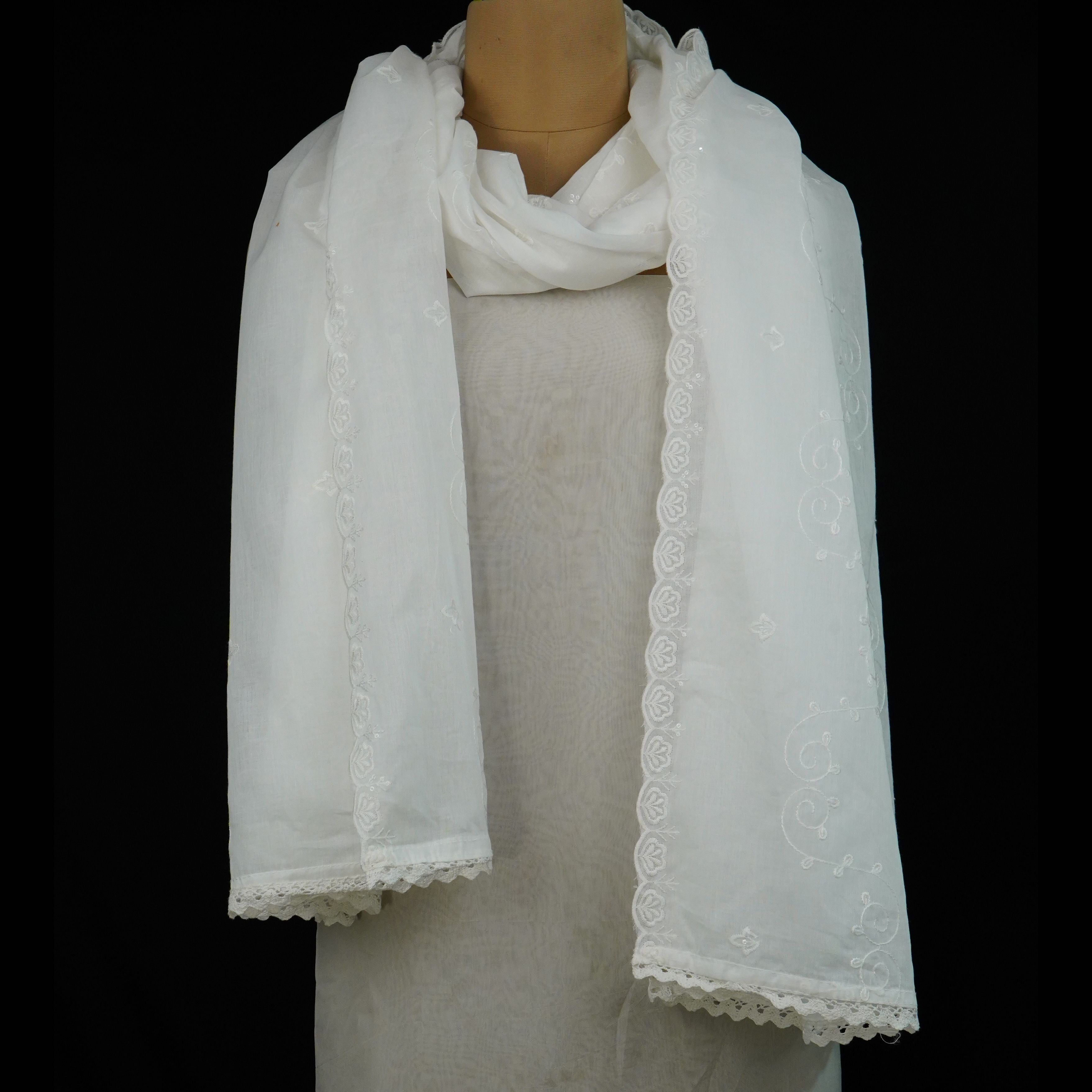 White Dyeable thread embroidery Mulmul Dupatta SST-31010 - TradeUNO