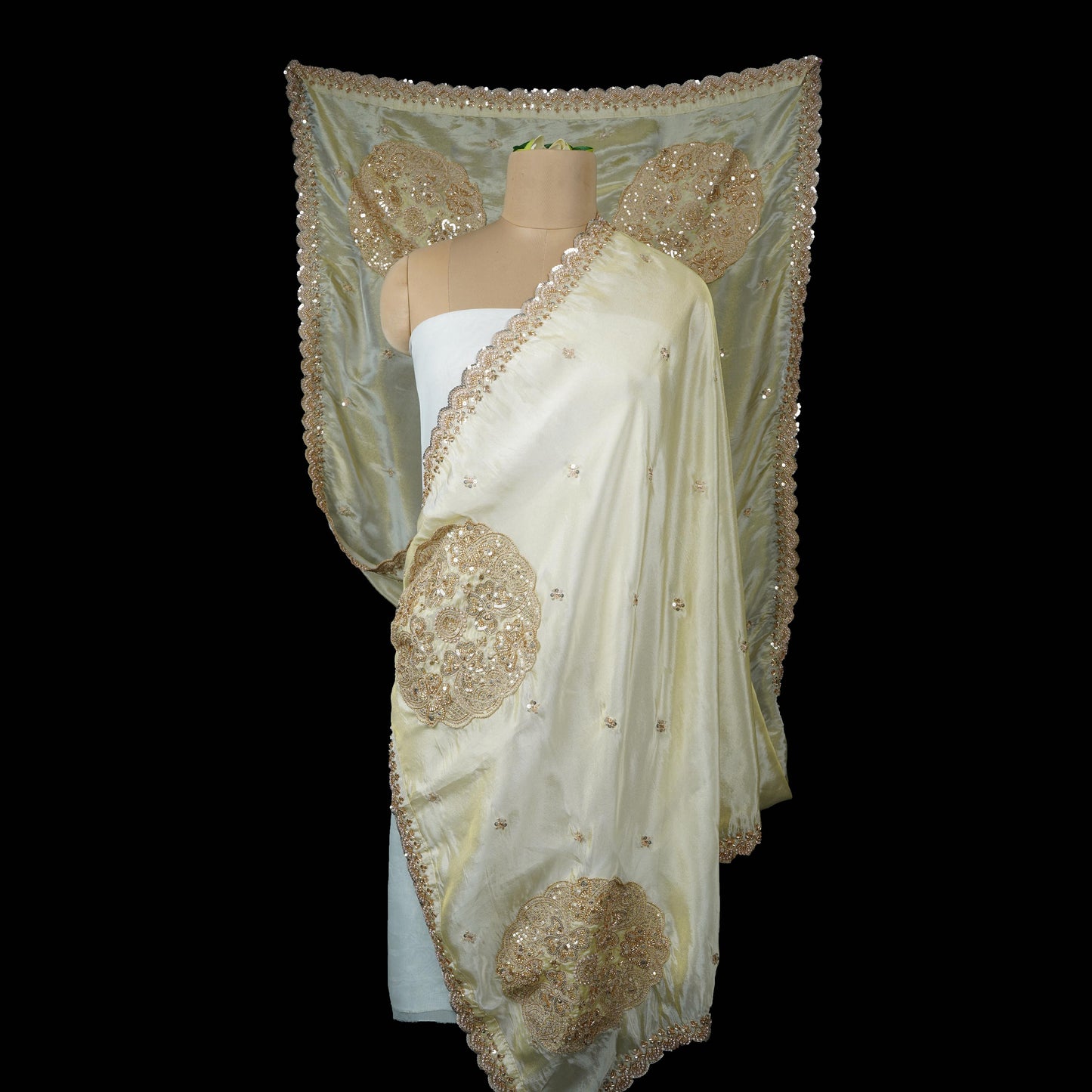 Golden thread cutdana embroidery Chanderi Dupatta SU-31045 - TradeUNO