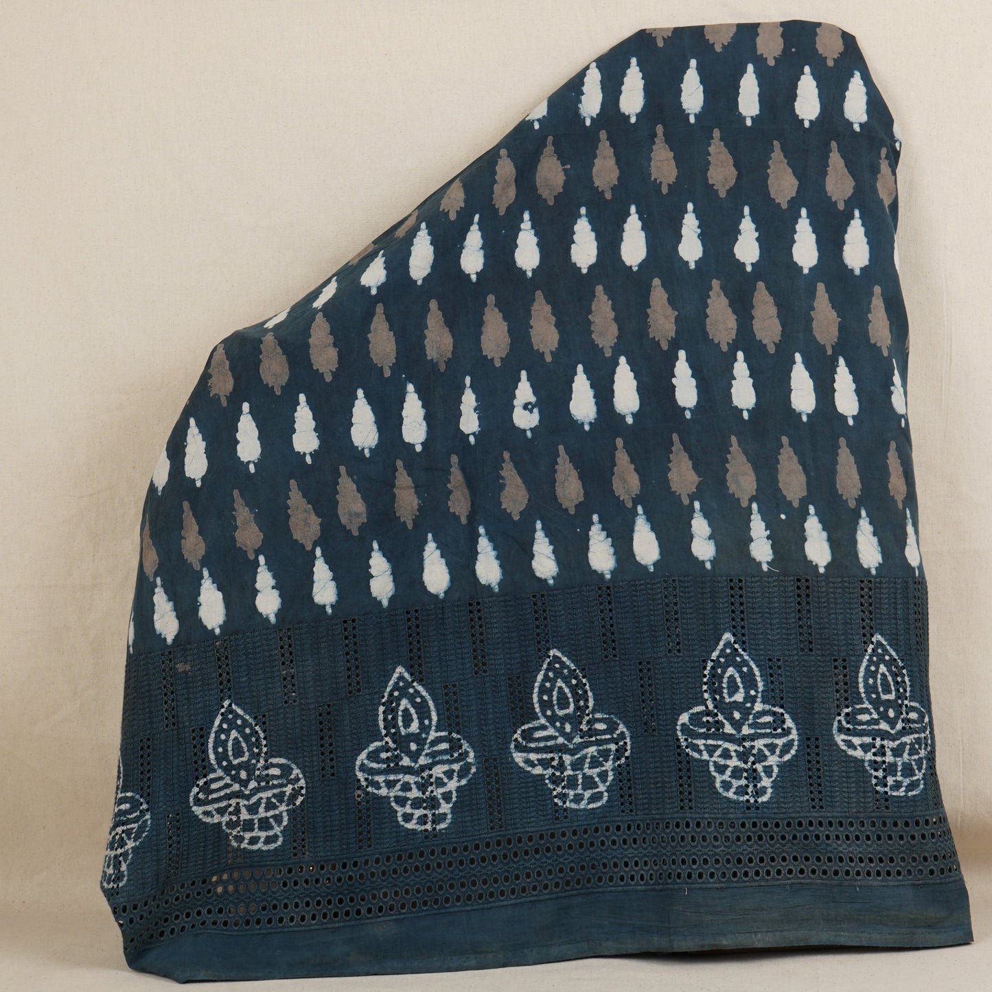 Navy Blue & White Floral Batik Print Cotton Schiffli Fabric CH-29807