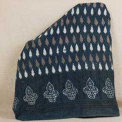 Navy Blue & White Floral Batik Print Cotton Schiffli Fabric CH-29807