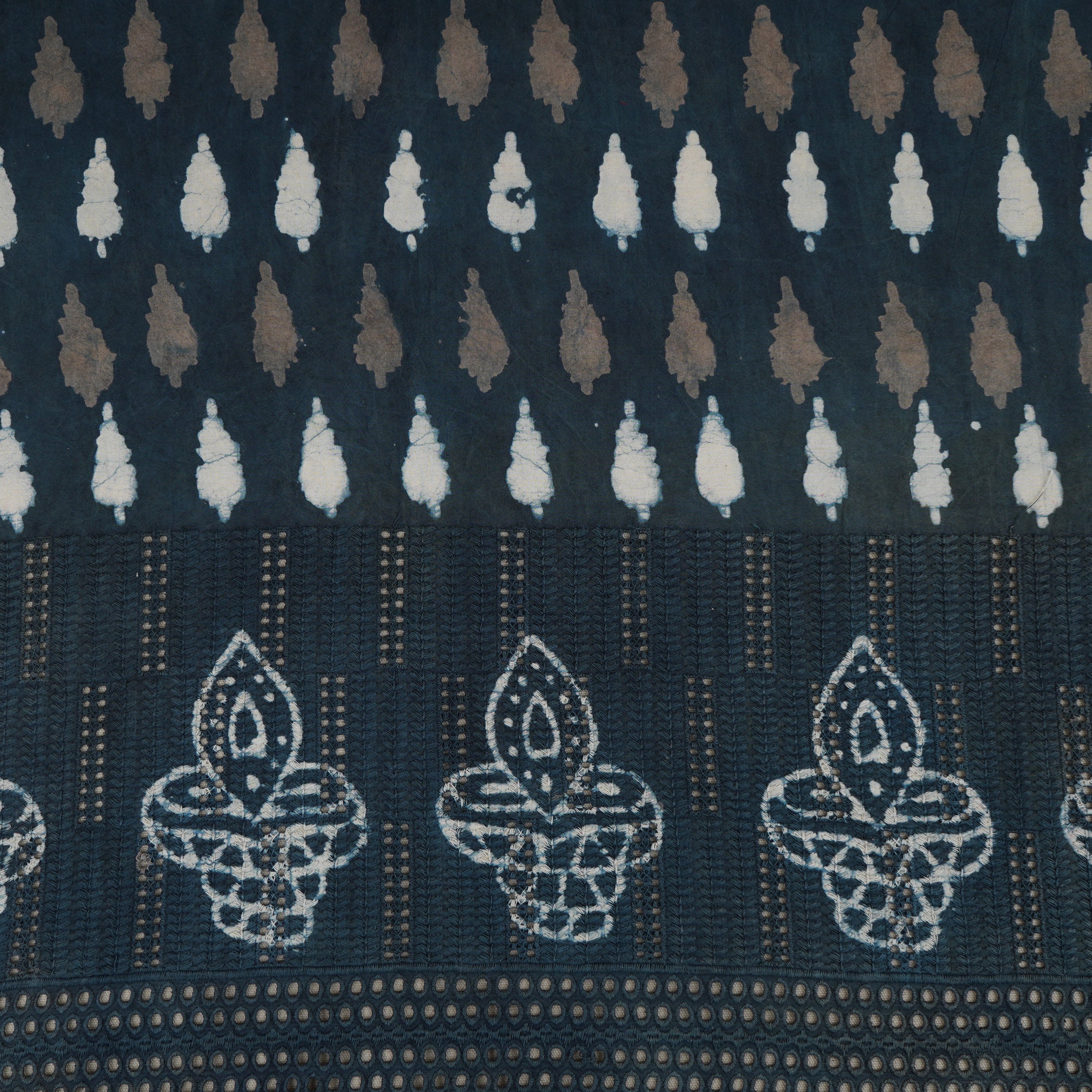 Navy Blue & White Floral Batik Print Cotton Schiffli Fabric CH-29807 - TradeUNO