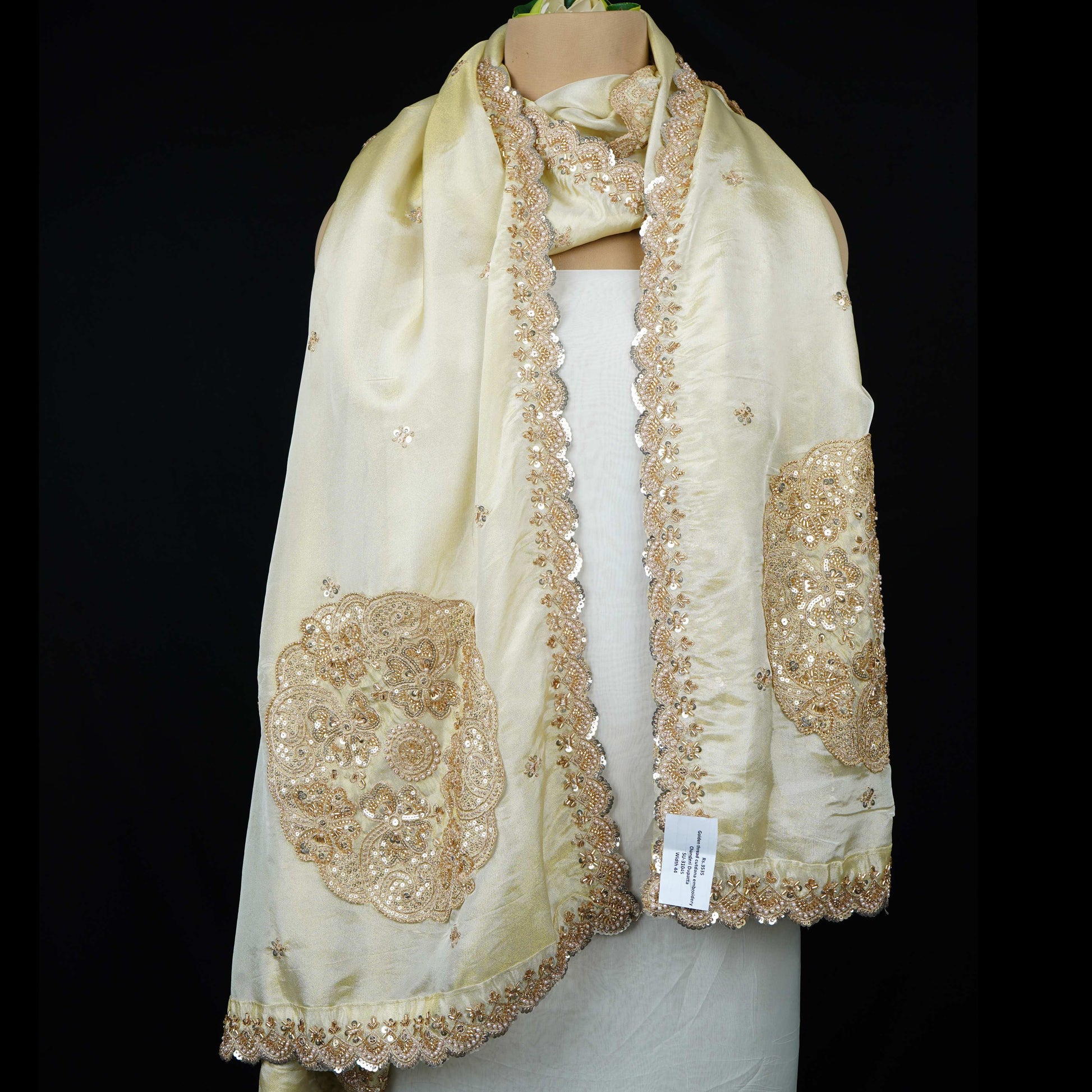 Golden thread cutdana embroidery Chanderi Dupatta SU-31045 - TradeUNO