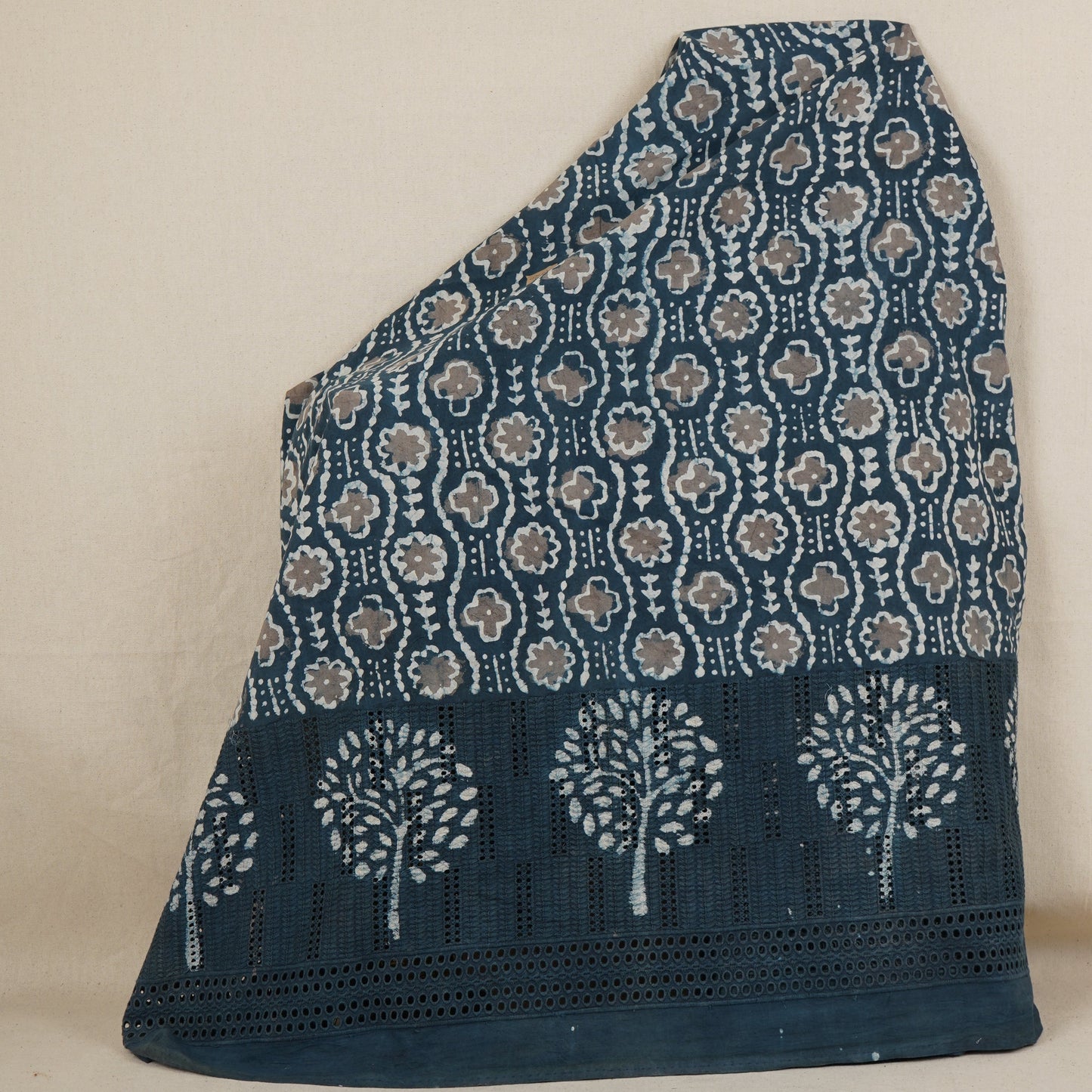 Blue & White Floral Batik Print Cotton Schiffli Fabric CH-29806