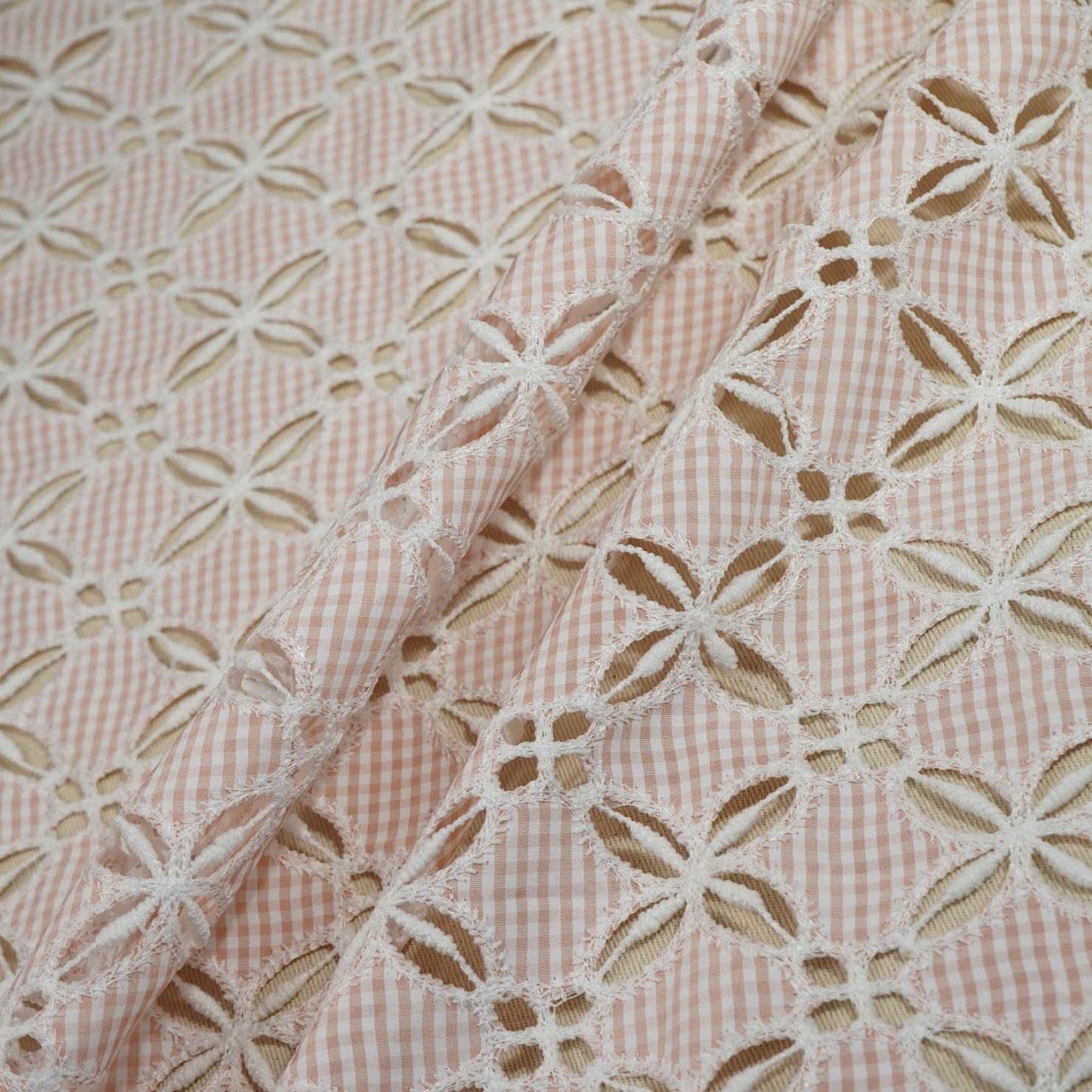  Peach Floral Poplin Schiffli Fabric 22574