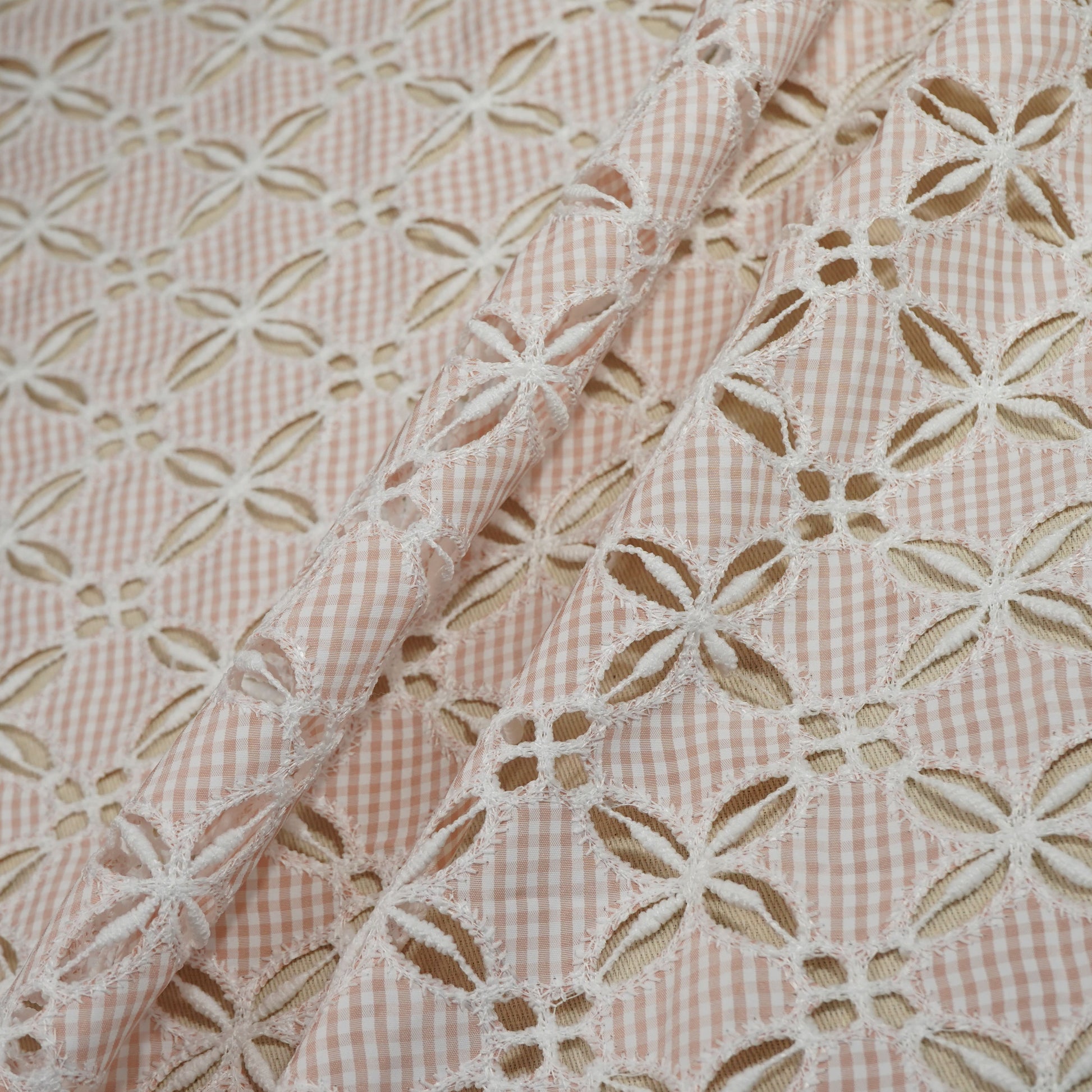  Peach Floral Poplin Schiffli Fabric 22574