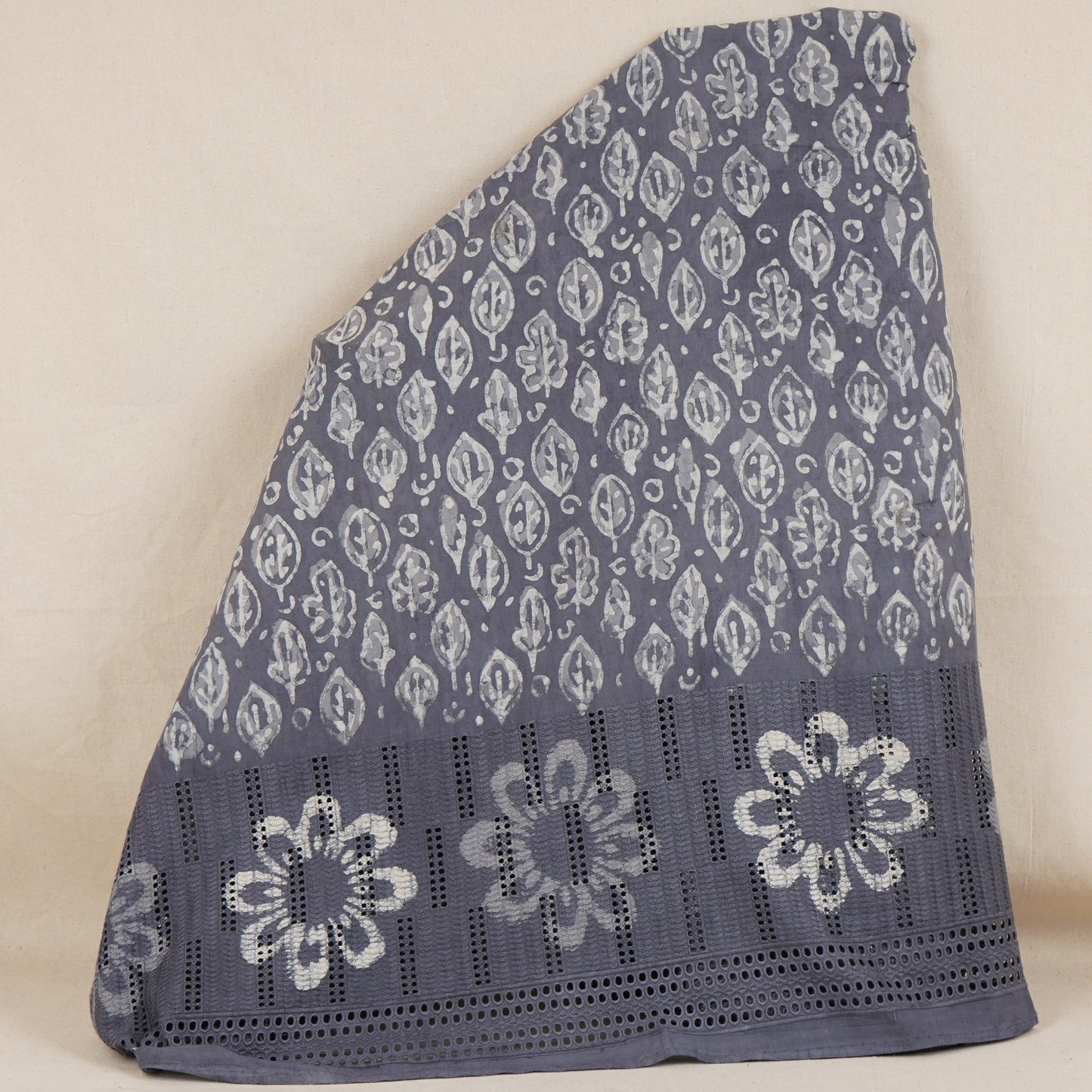 Grey & White Floral Batik Print Cotton Schiffli Fabric CH-29815