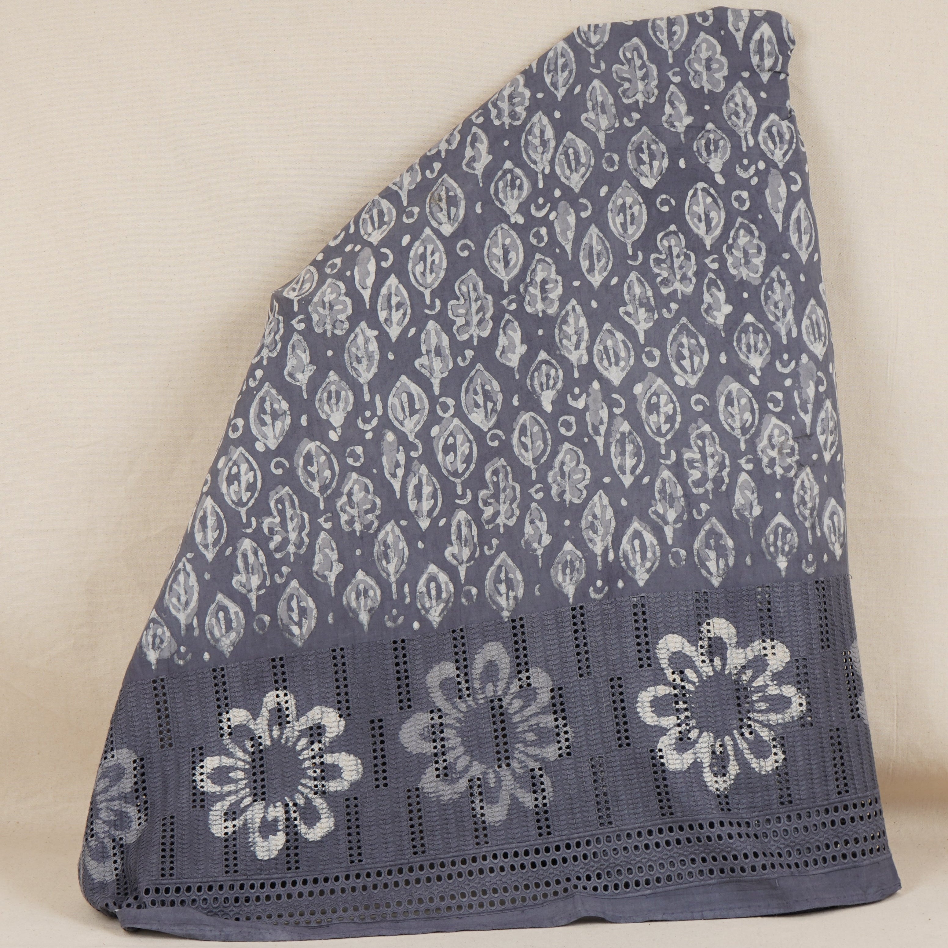 Grey & White Floral Batik Print Cotton Schiffli Fabric CH-29815 - TradeUNO