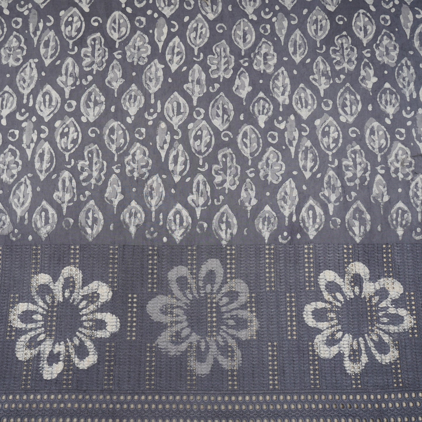 Grey & White Floral Batik Print Cotton Schiffli Fabric CH-29815