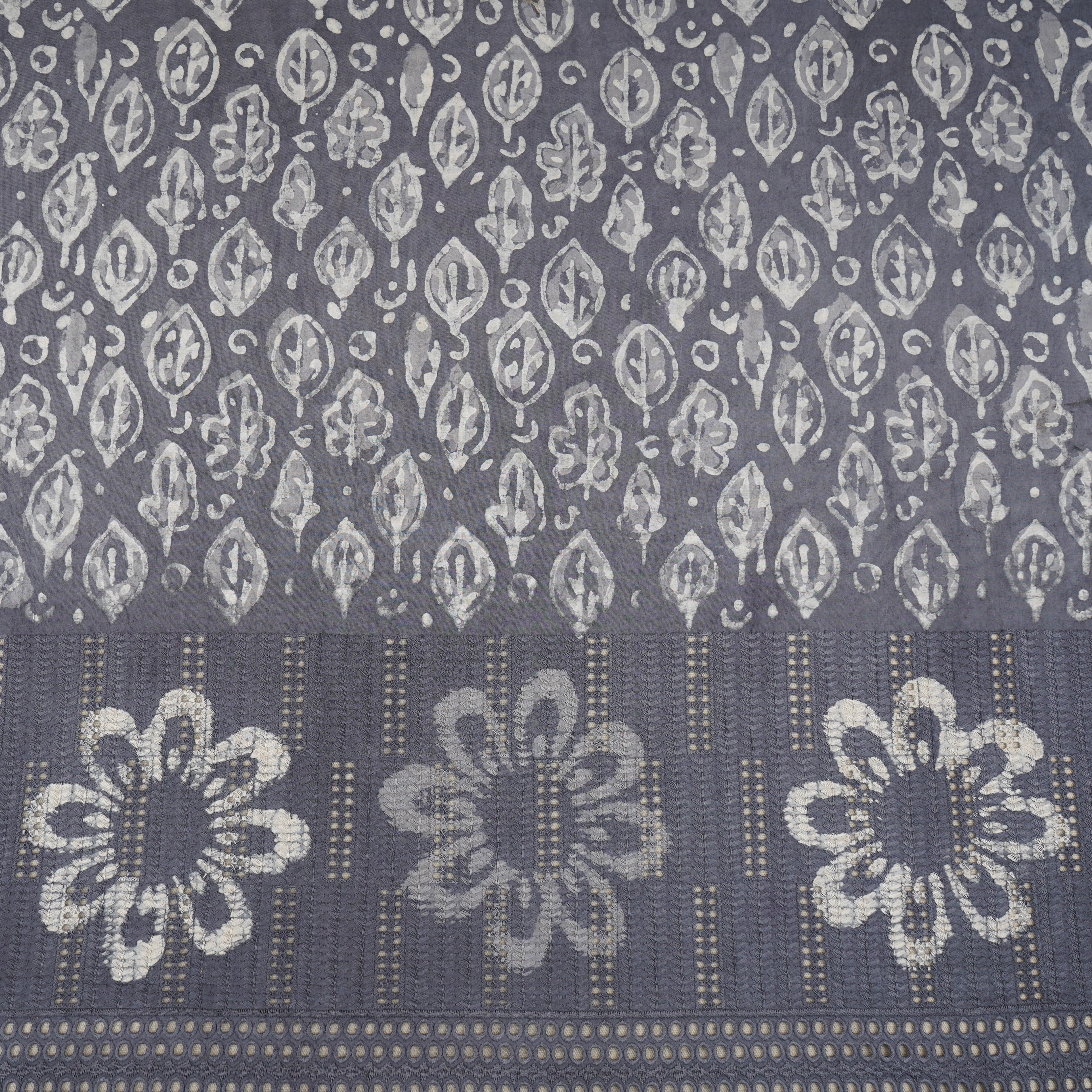 Grey & White Floral Batik Print Cotton Schiffli Fabric CH-29815 - TradeUNO