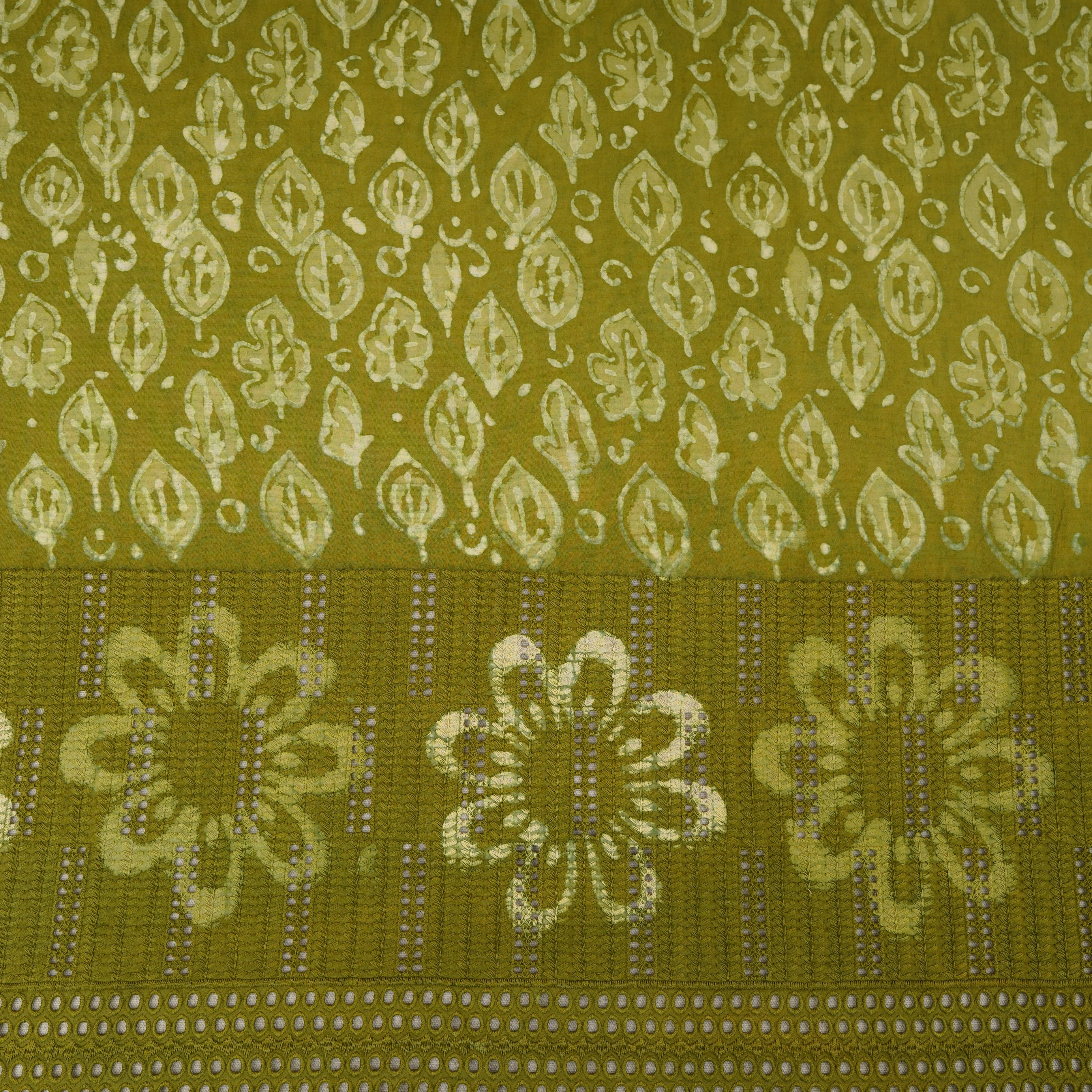 Green & White Floral Batik Print Cotton Schiffli Fabric CH-29816 - TradeUNO