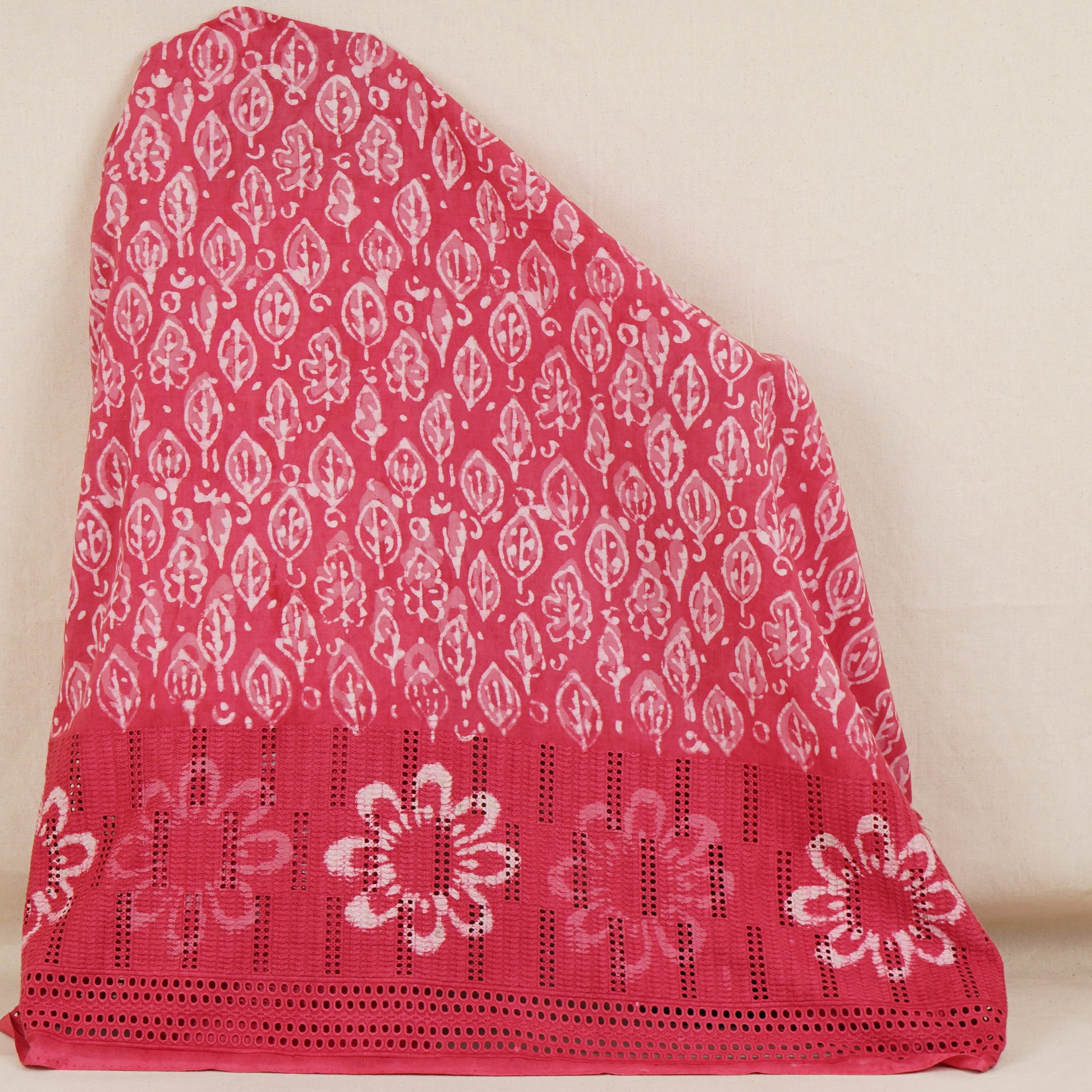 Pink & White Floral Batik Print Cotton Schiffli Fabric CH-29819 - TradeUNO