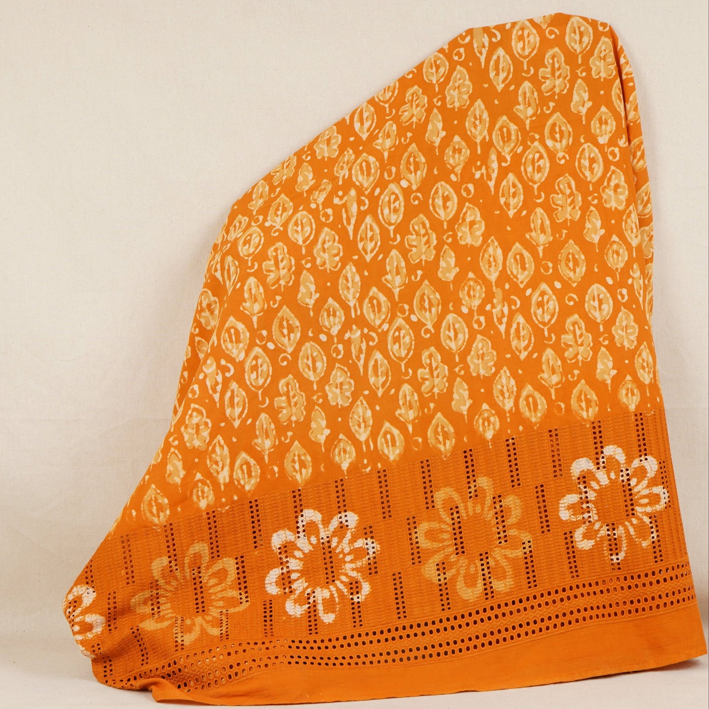 Orange & White Floral Batik Print Cotton Schiffli Fabric CH-29818