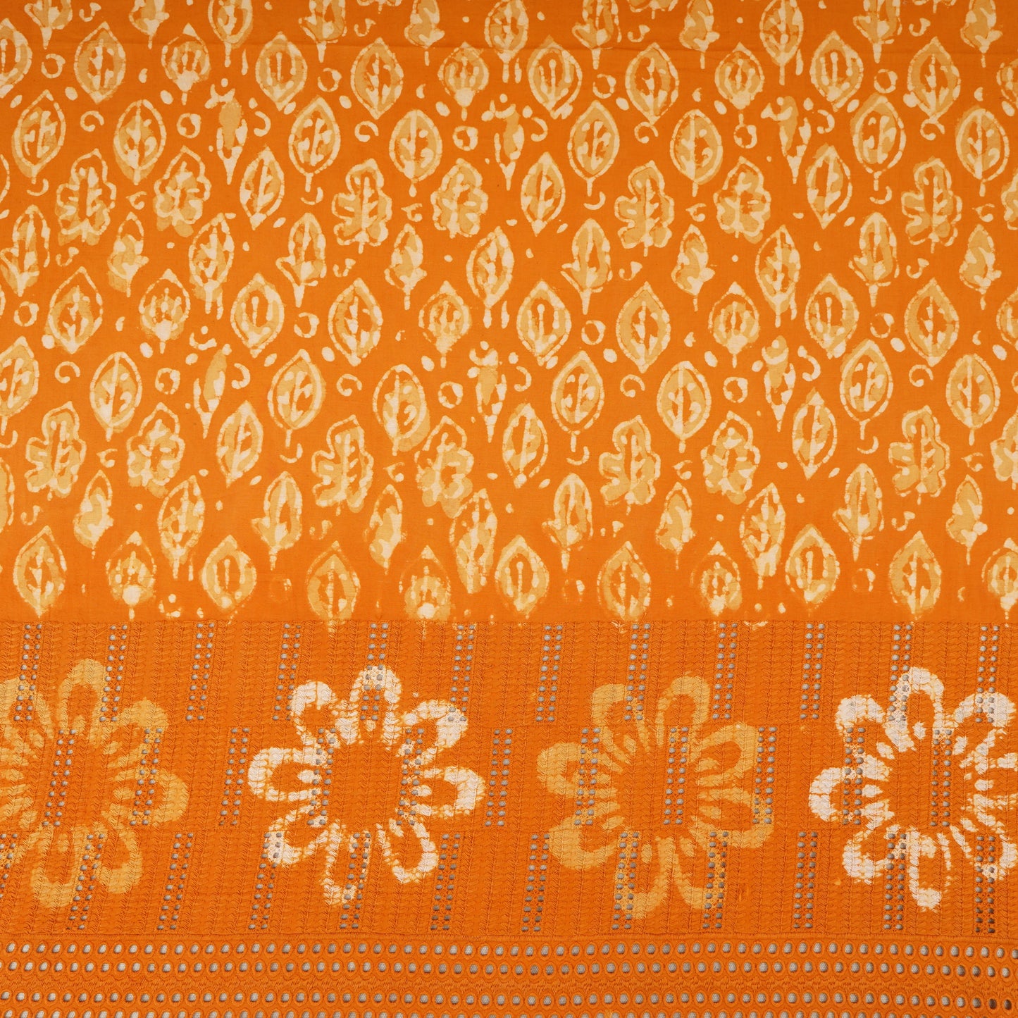 Orange & White Floral Batik Print Cotton Schiffli Fabric CH-29818