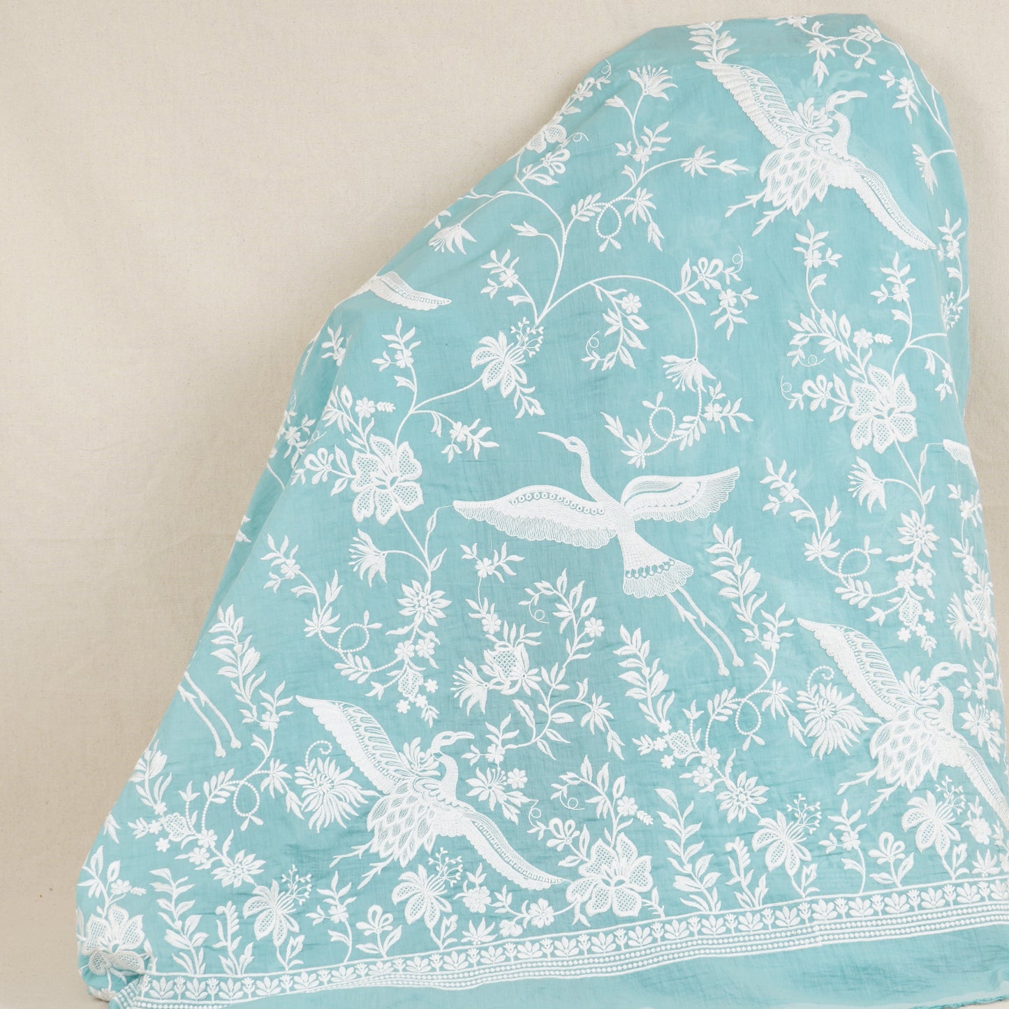 Blue with White Parsi Gara embroidery Mul Chanderi Fabric DC-29824 - TradeUNO