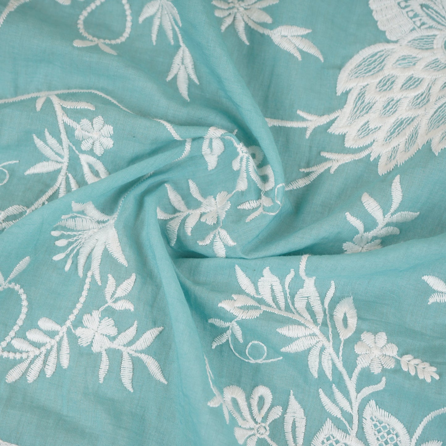 Blue with White Parsi Gara embroidery Mul Chanderi Fabric DC-29824 - TradeUNO