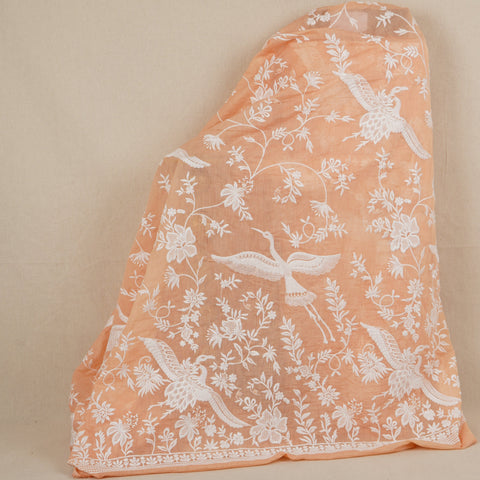Peach with White Parsi Gara embroidery Mul Chanderi Fabric DC-29826