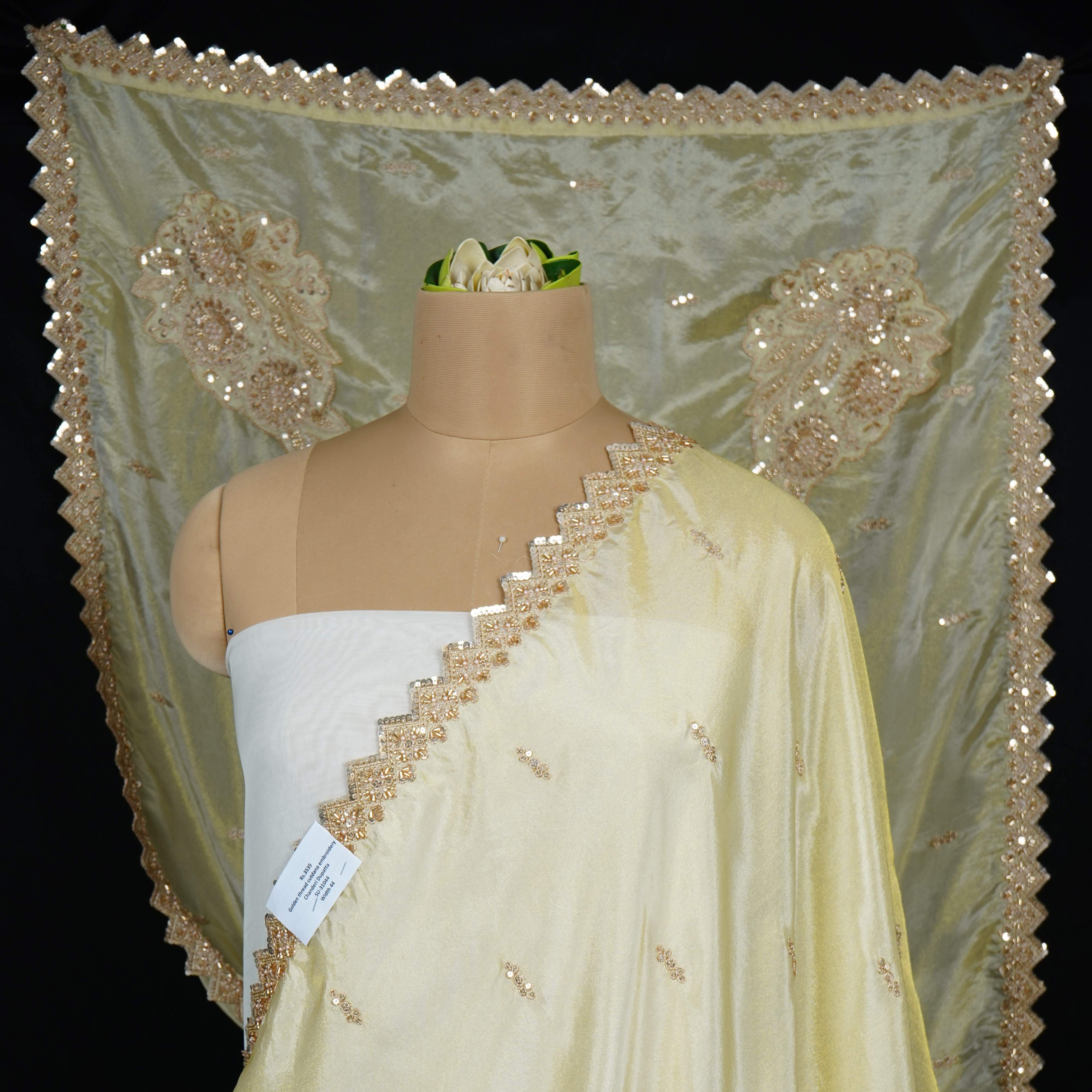 Golden thread cutdana embroidery Chanderi Dupatta SU-31044 - TradeUNO