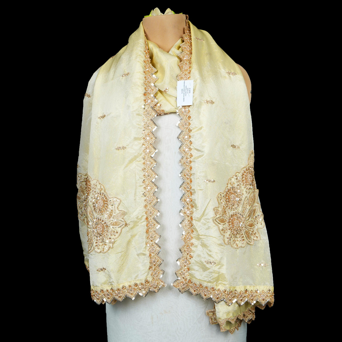 Golden thread cutdana embroidery Chanderi Dupatta SU-31044 - TradeUNO