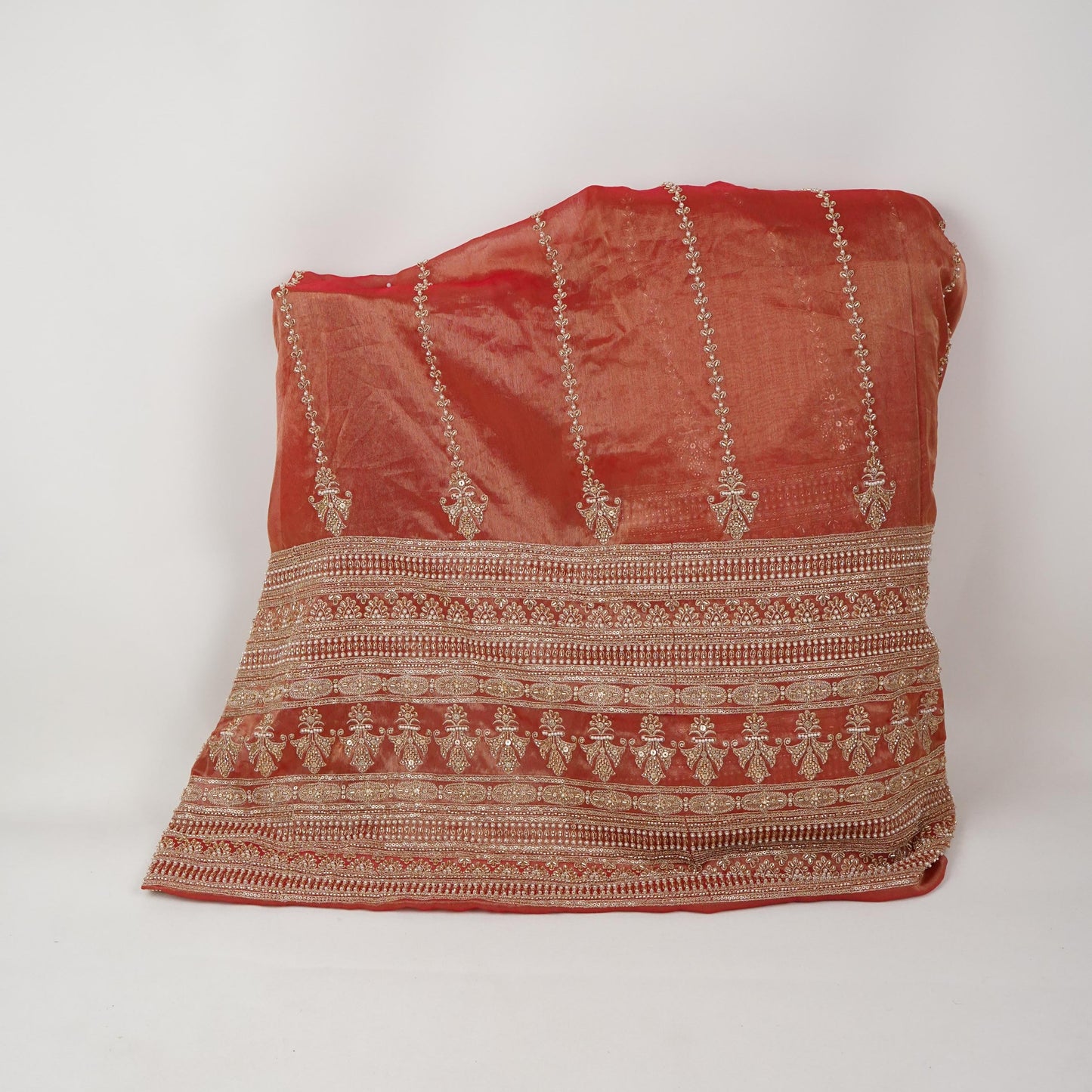 Rust Red Pearl Cutdana embroidery Kanjivaram Silk Fabric TFS-31784
