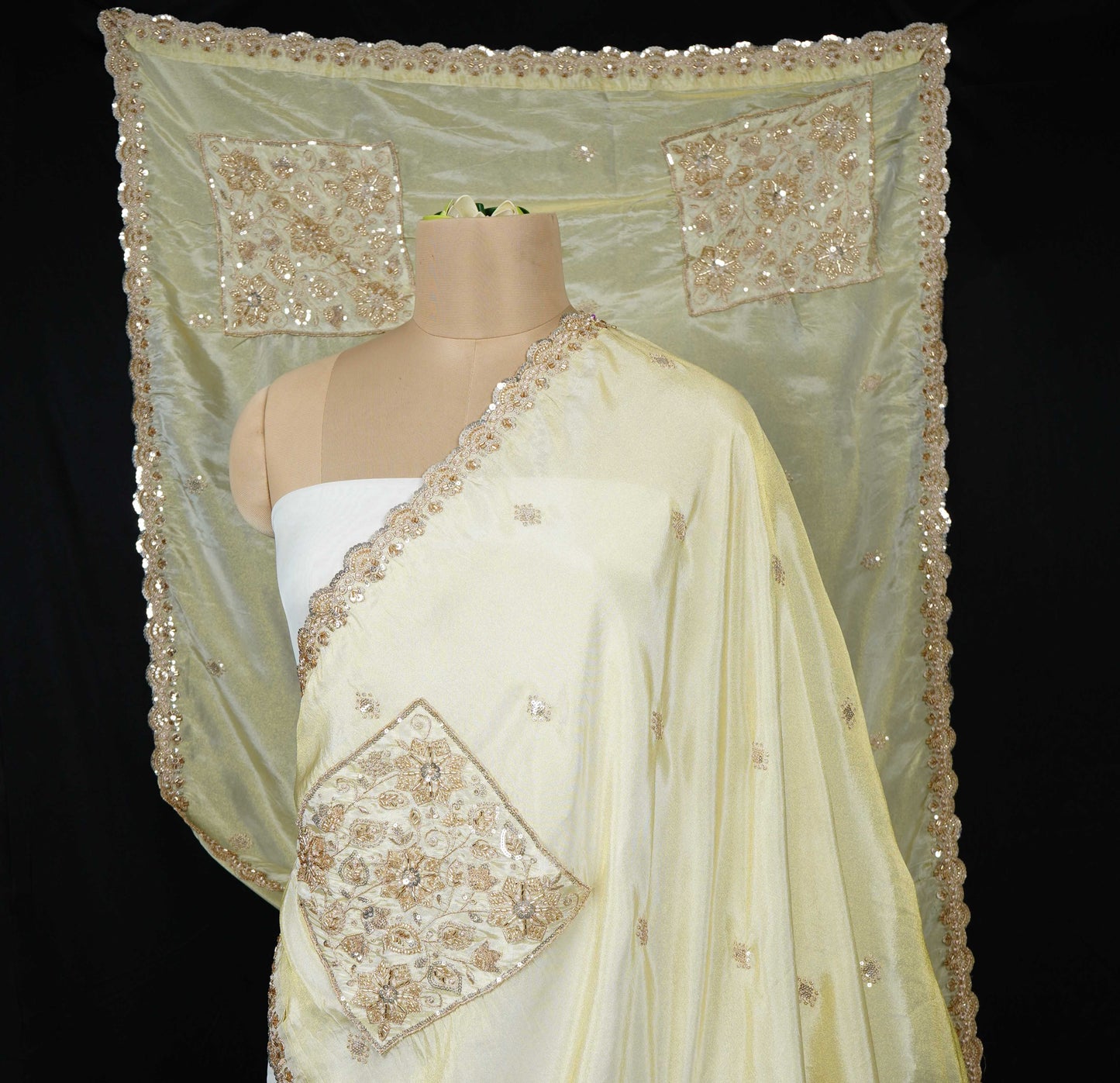 Golden thread cutdana embroidery Chanderi Dupatta SU-31047