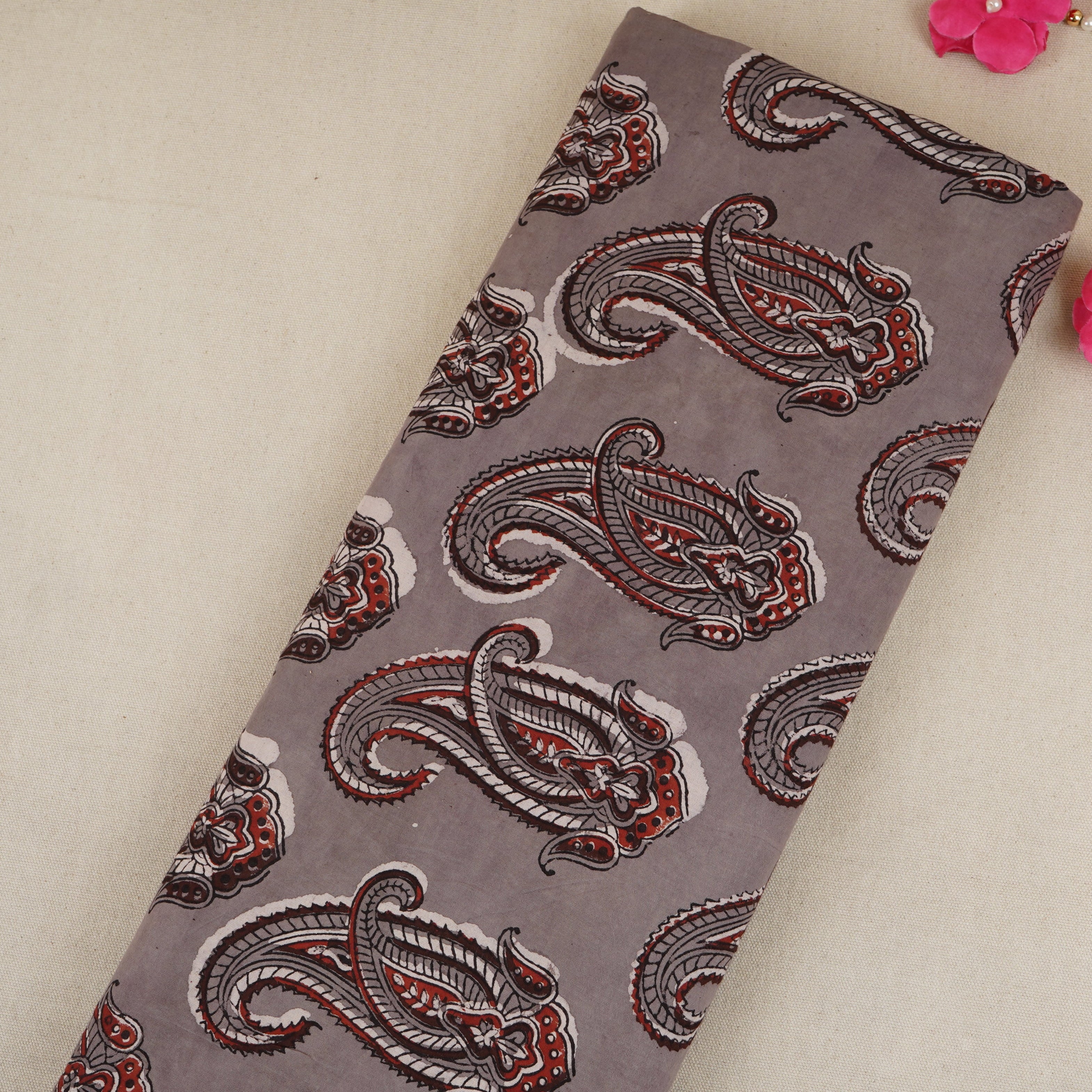 Light Grey Paisley Print Cotton Fabric CH-29764 - TradeUNO