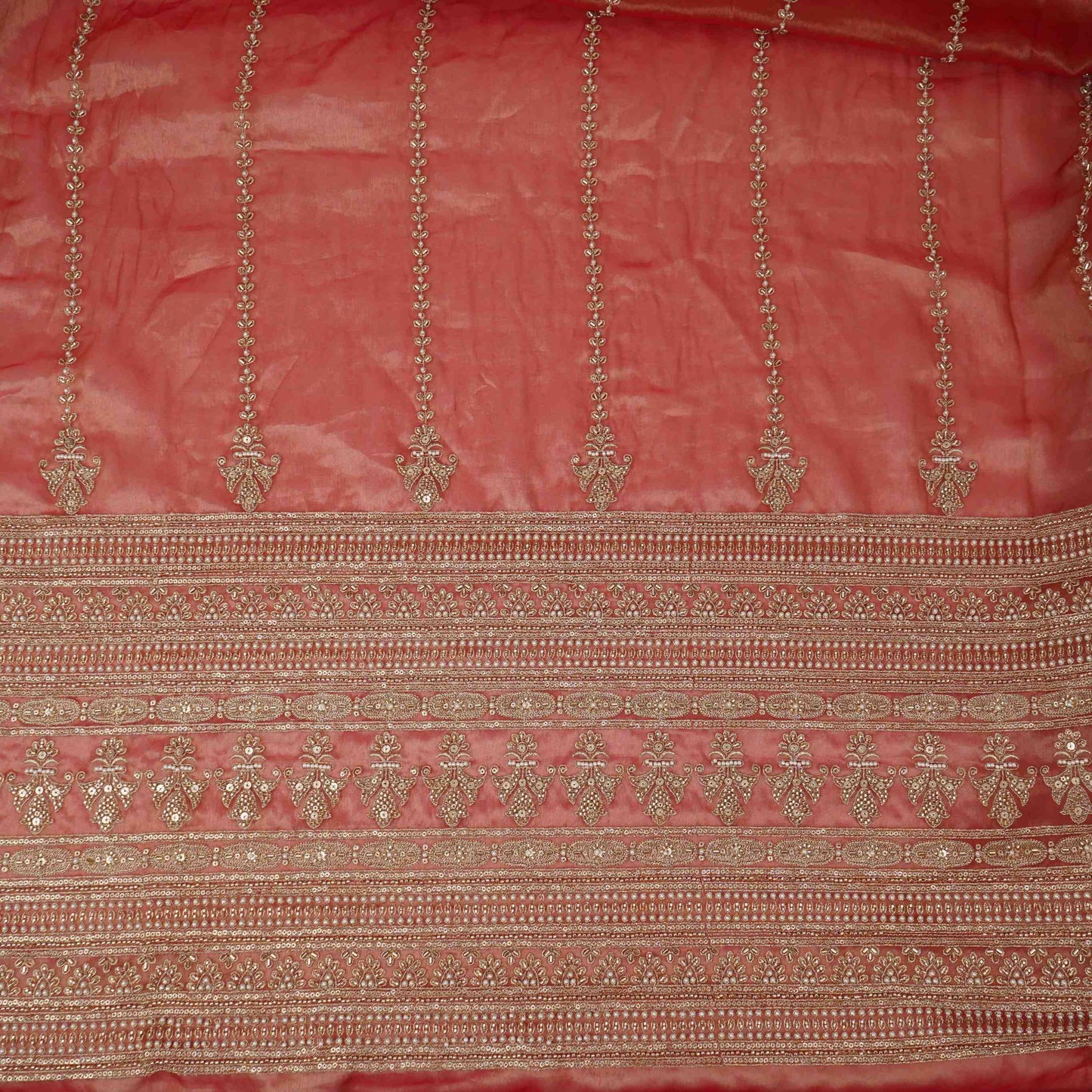 Rust Red Pearl Cutdana embroidery Kanjivaram Silk Fabric TFS-31784