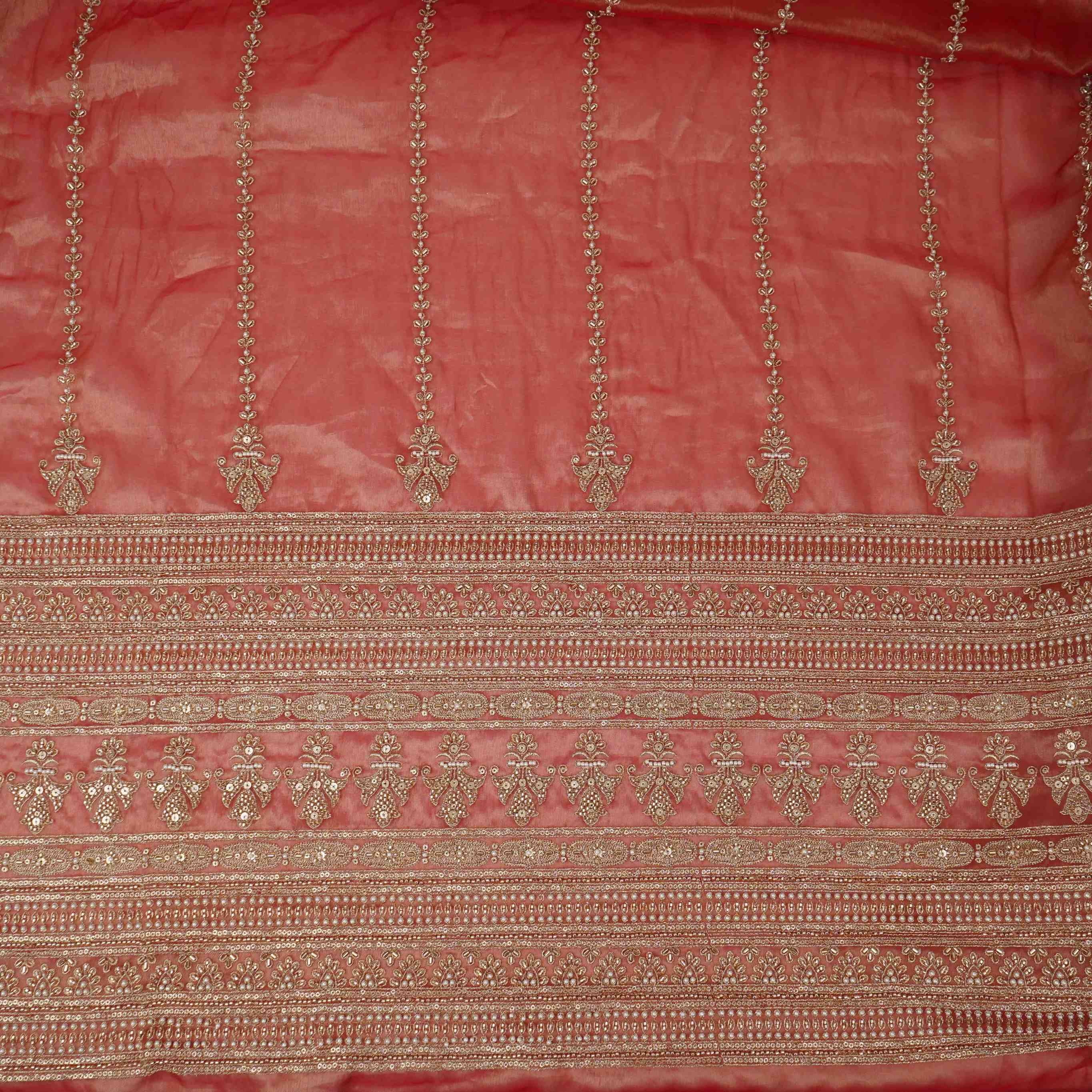 Rust Red Pearl Cutdana embroidery Kanjivaram Silk Fabric TFS-31784 - TradeUNO