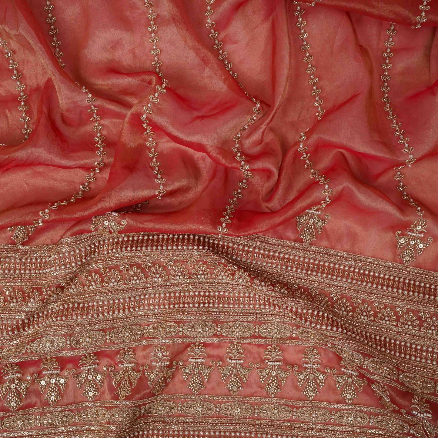Rust Red Pearl Cutdana embroidery Kanjivaram Silk Fabric TFS-31784