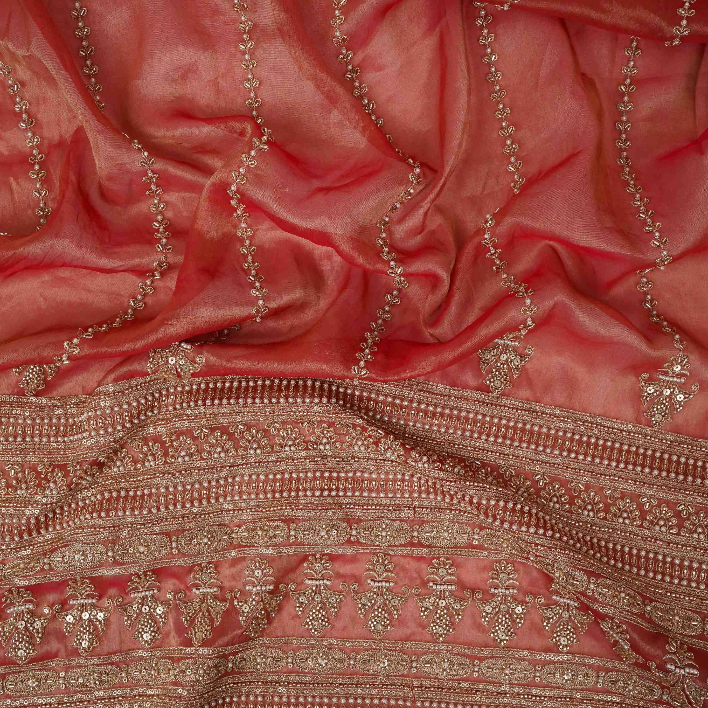 Rust Red Pearl Cutdana embroidery Kanjivaram Silk Fabric TFS-31784 - TradeUNO