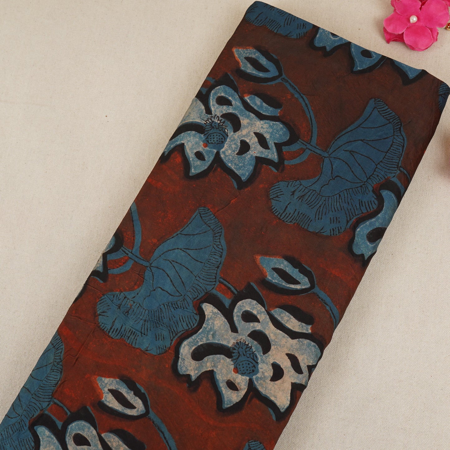 Brown with Blue Batik Print Modal Satin Fabric CH-29800