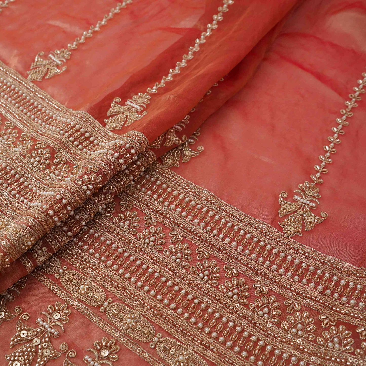Rust Red Pearl Cutdana embroidery Kanjivaram Silk Fabric TFS-31784