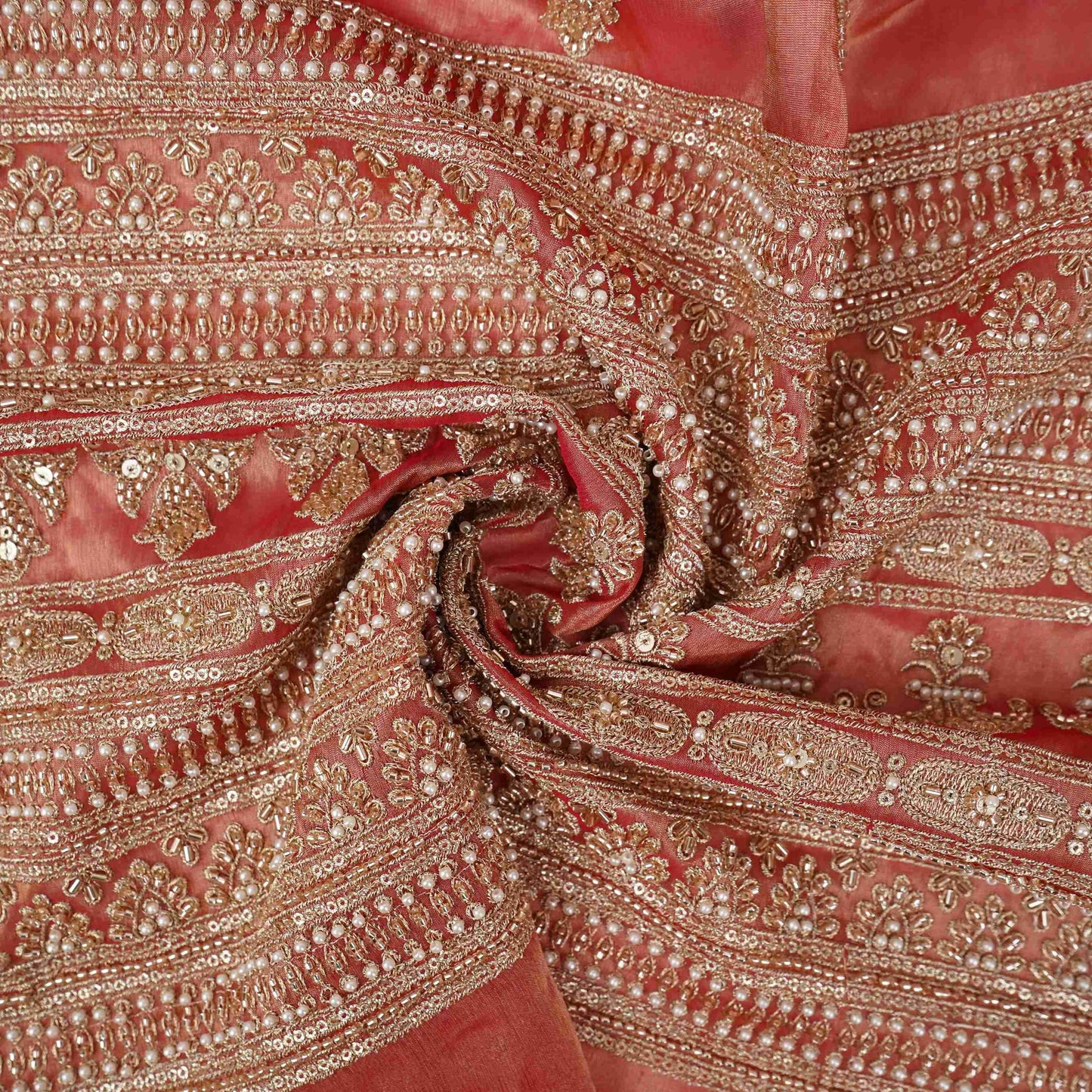 Rust Red Pearl Cutdana embroidery Kanjivaram Silk Fabric TFS-31784