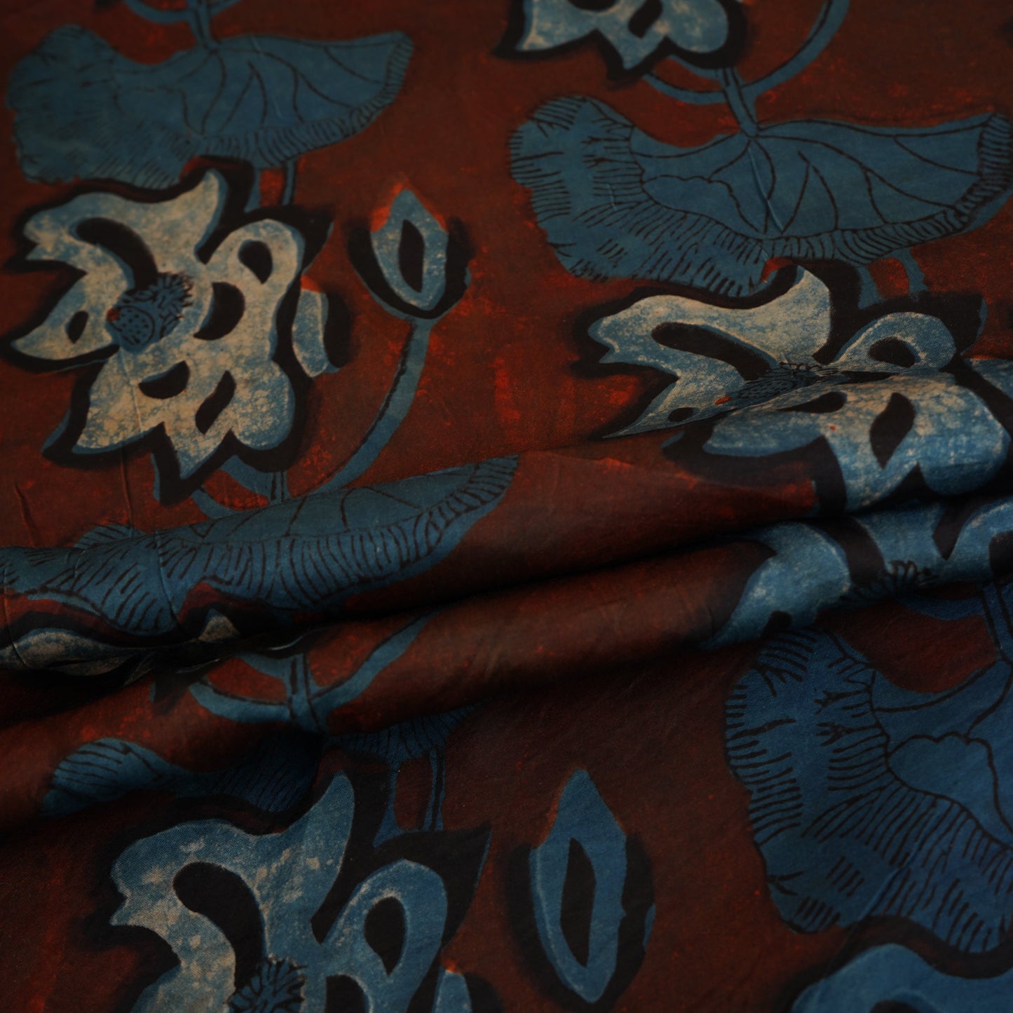 Brown with Blue Batik Print Modal Satin Fabric CH-29800