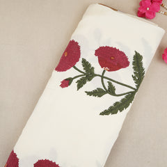 Off White & Red Floral Print Modal Satin Fabric CH-29797