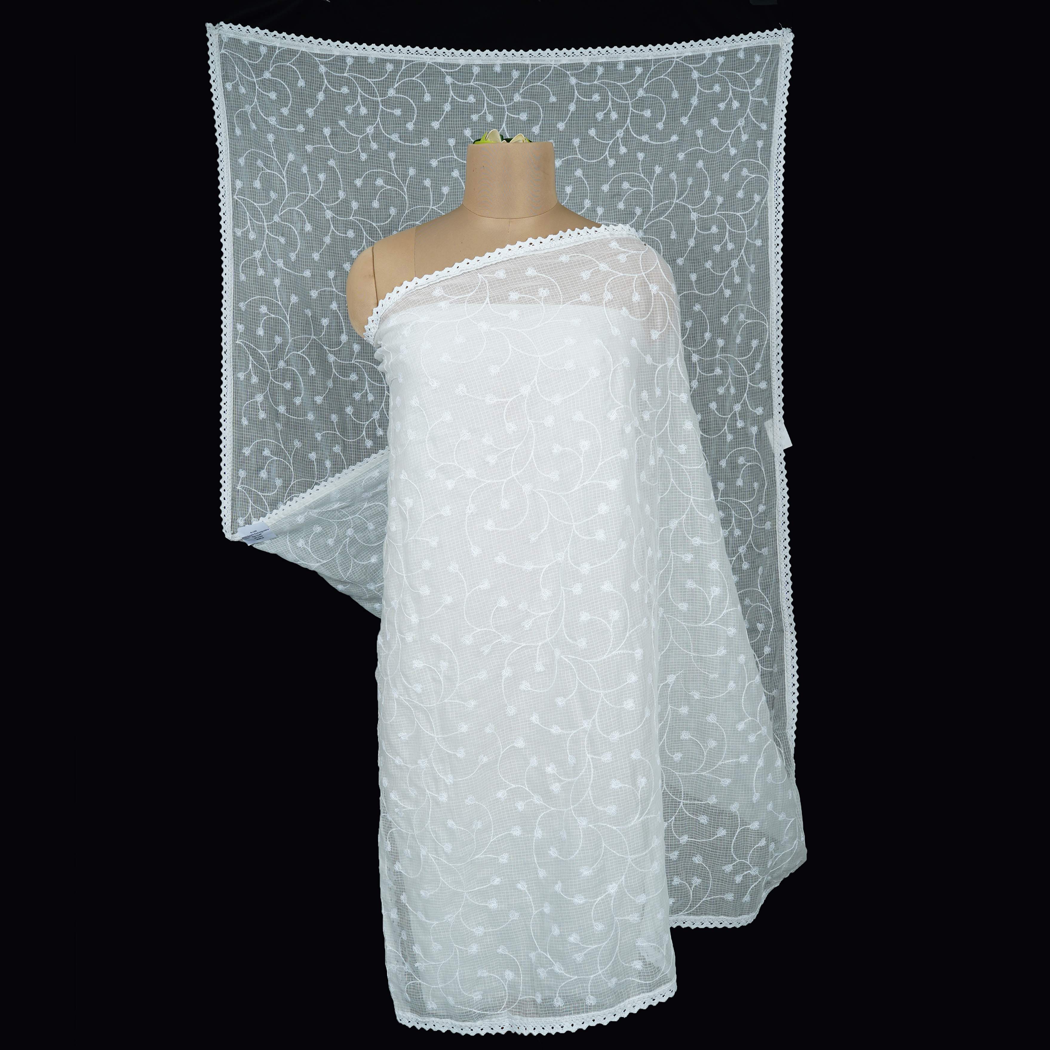 White Dyeable floral embroidery Kota Check Linen Dupatta SST-31019 - TradeUNO