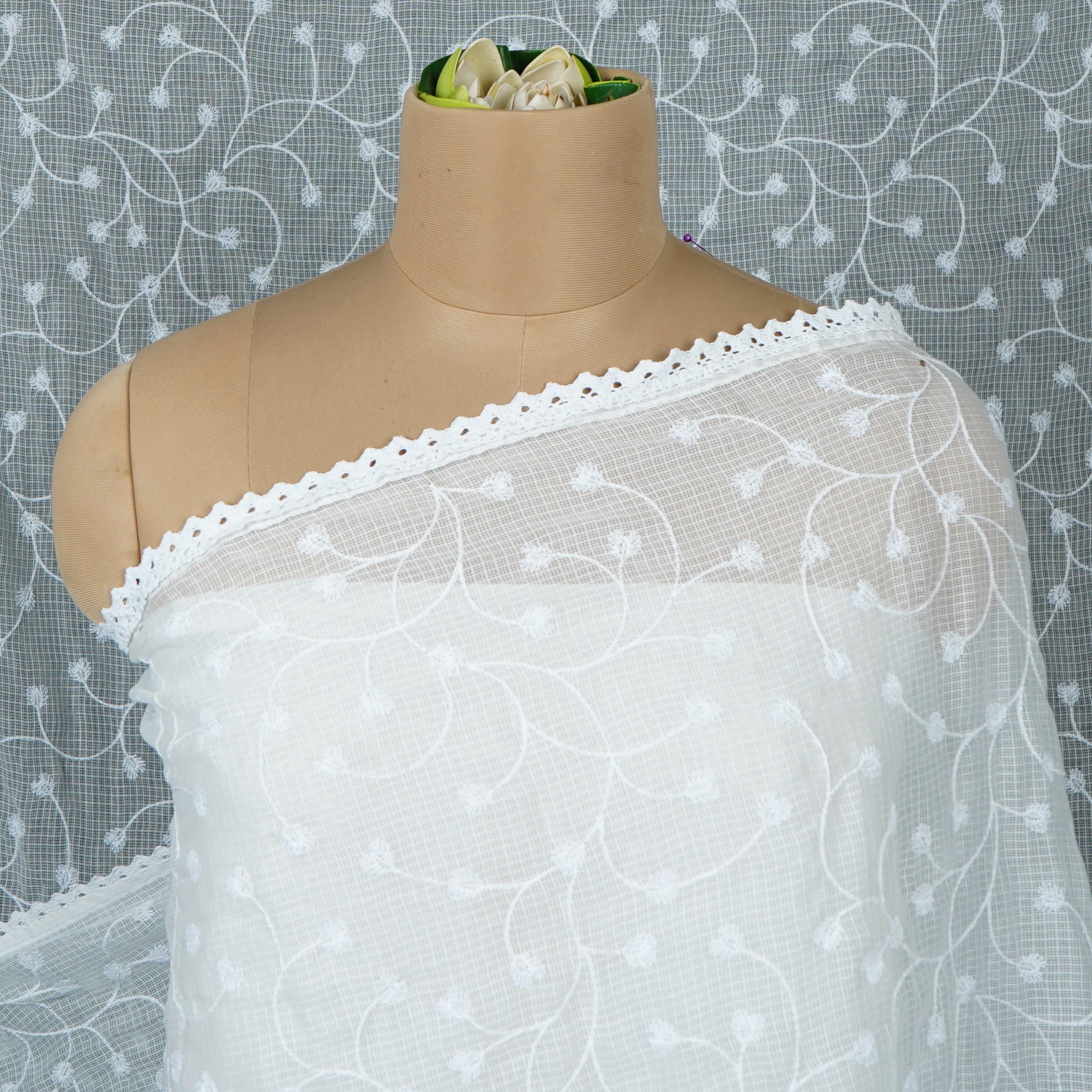 White Dyeable floral embroidery Kota Check Linen Dupatta SST-31019 - TradeUNO