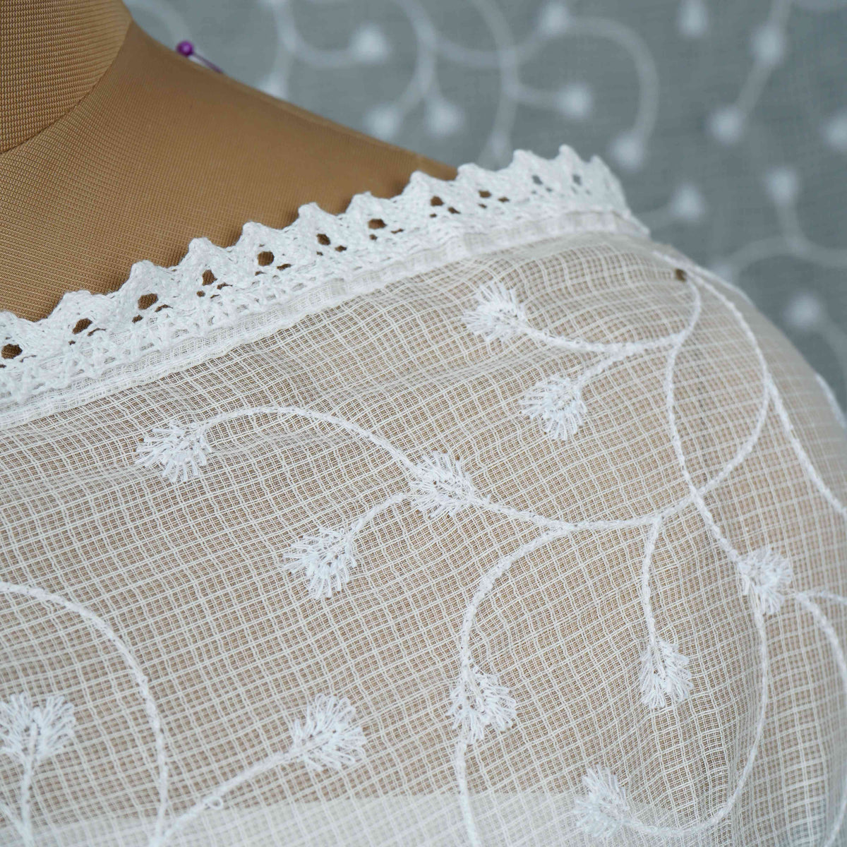 White Dyeable floral embroidery Kota Check Linen Dupatta SST-31019 - TradeUNO