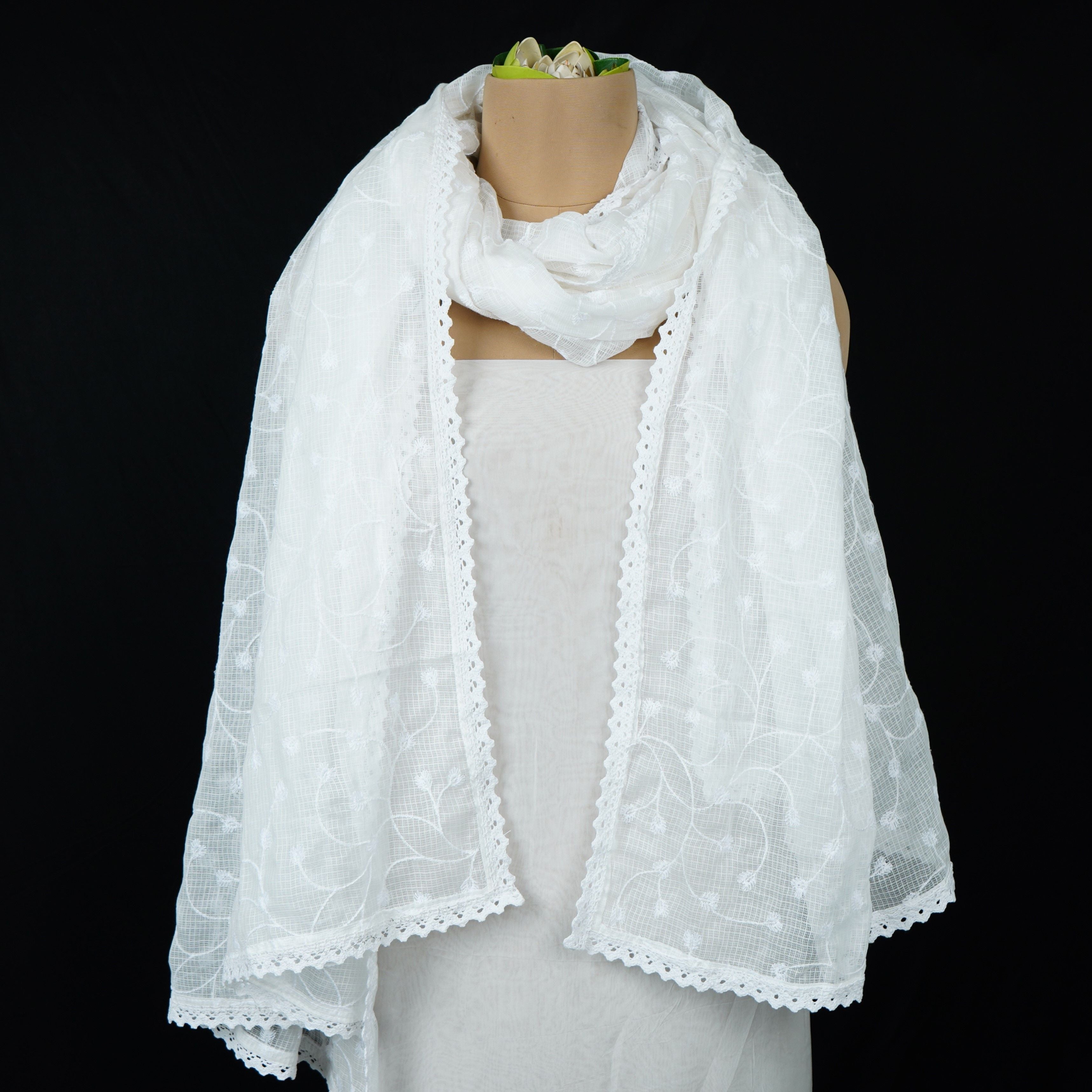 White Dyeable floral embroidery Kota Check Linen Dupatta SST-31019 - TradeUNO