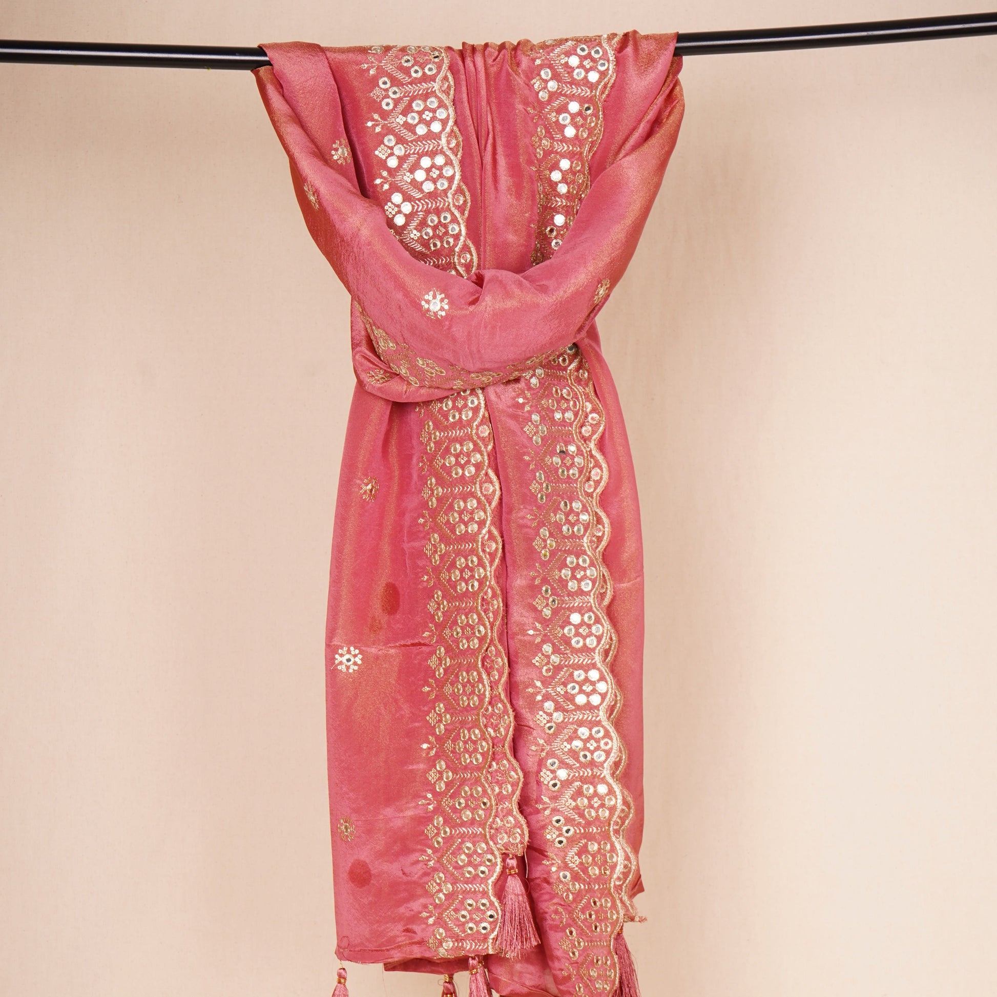 Pink Tissue Zari Embroidery Tissue Embroidery Dupatta