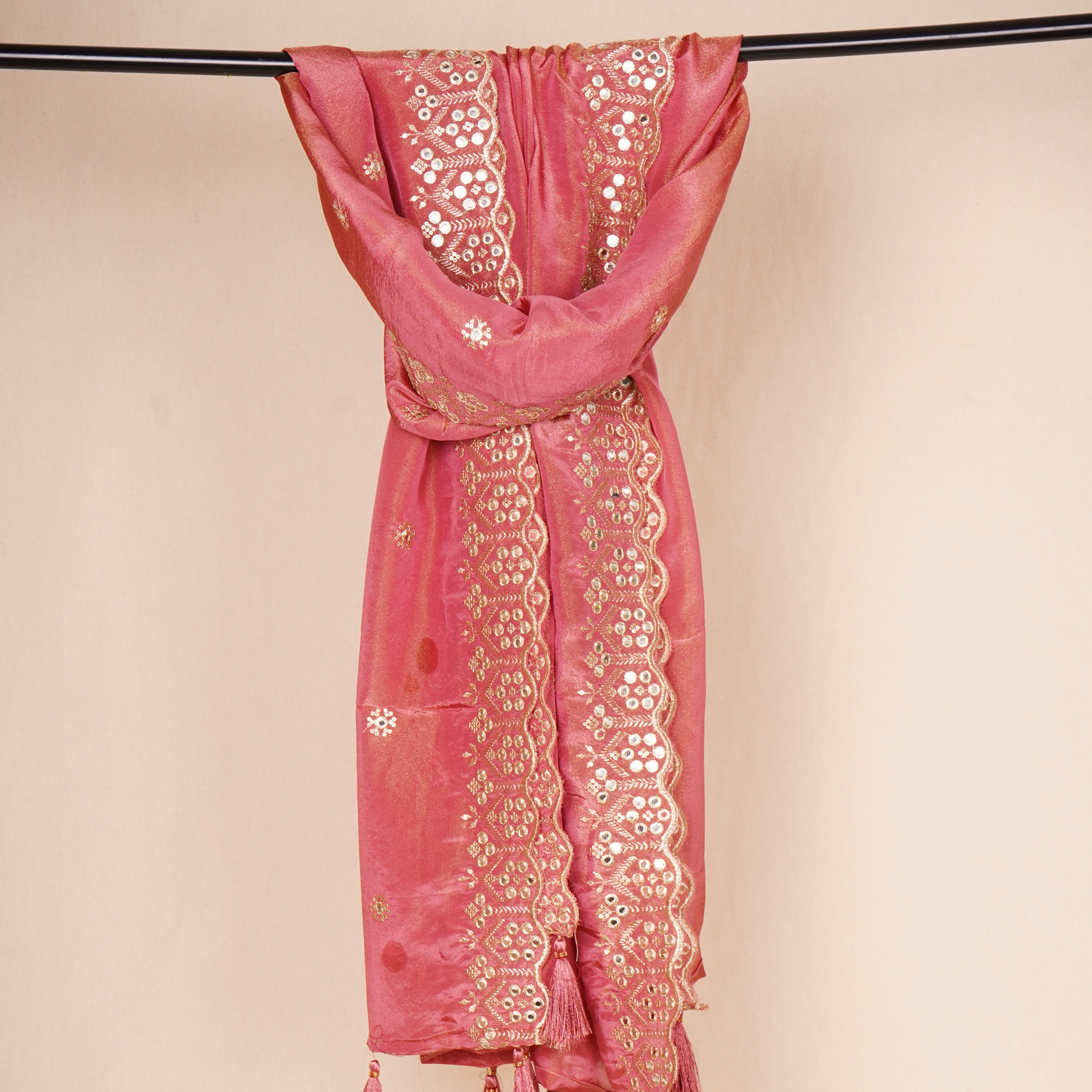Pink Tissue Zari Embroidery Tissue Embroidery Dupatta