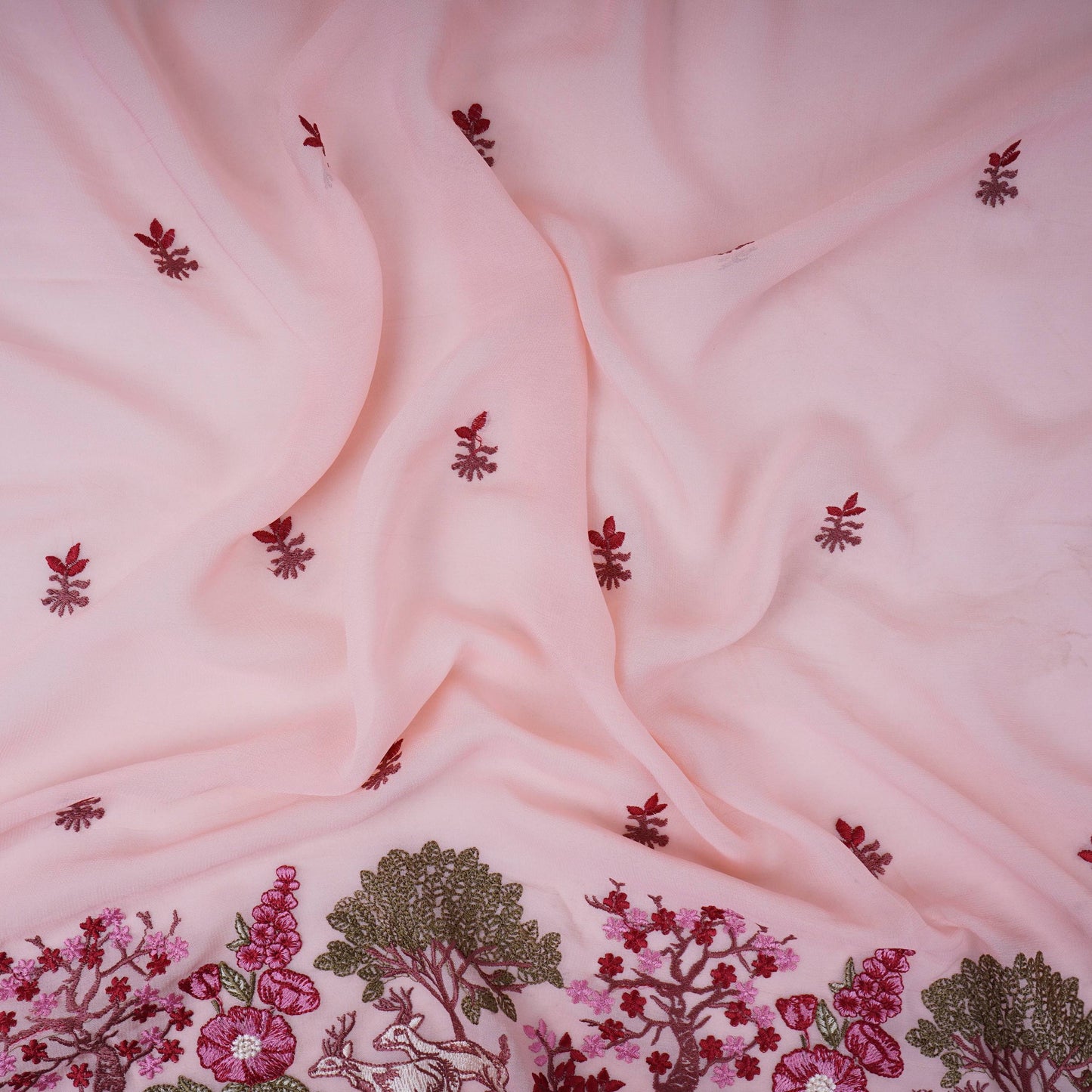 Peach Pink floral Border embroidery Georgette Fabric VFS-31863