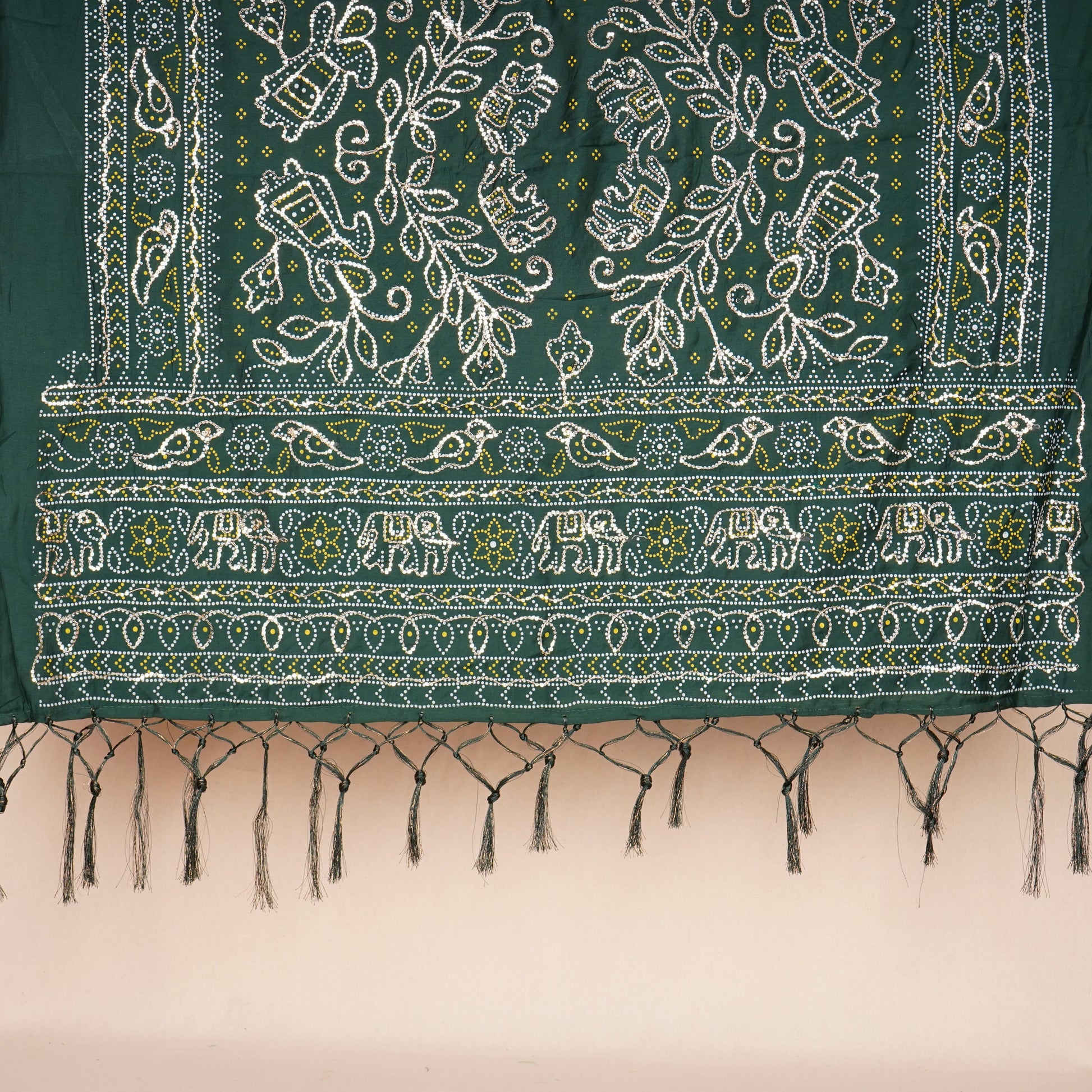 Green Bandhani Zari Sequin embroidery Cotton Silk Dupatta