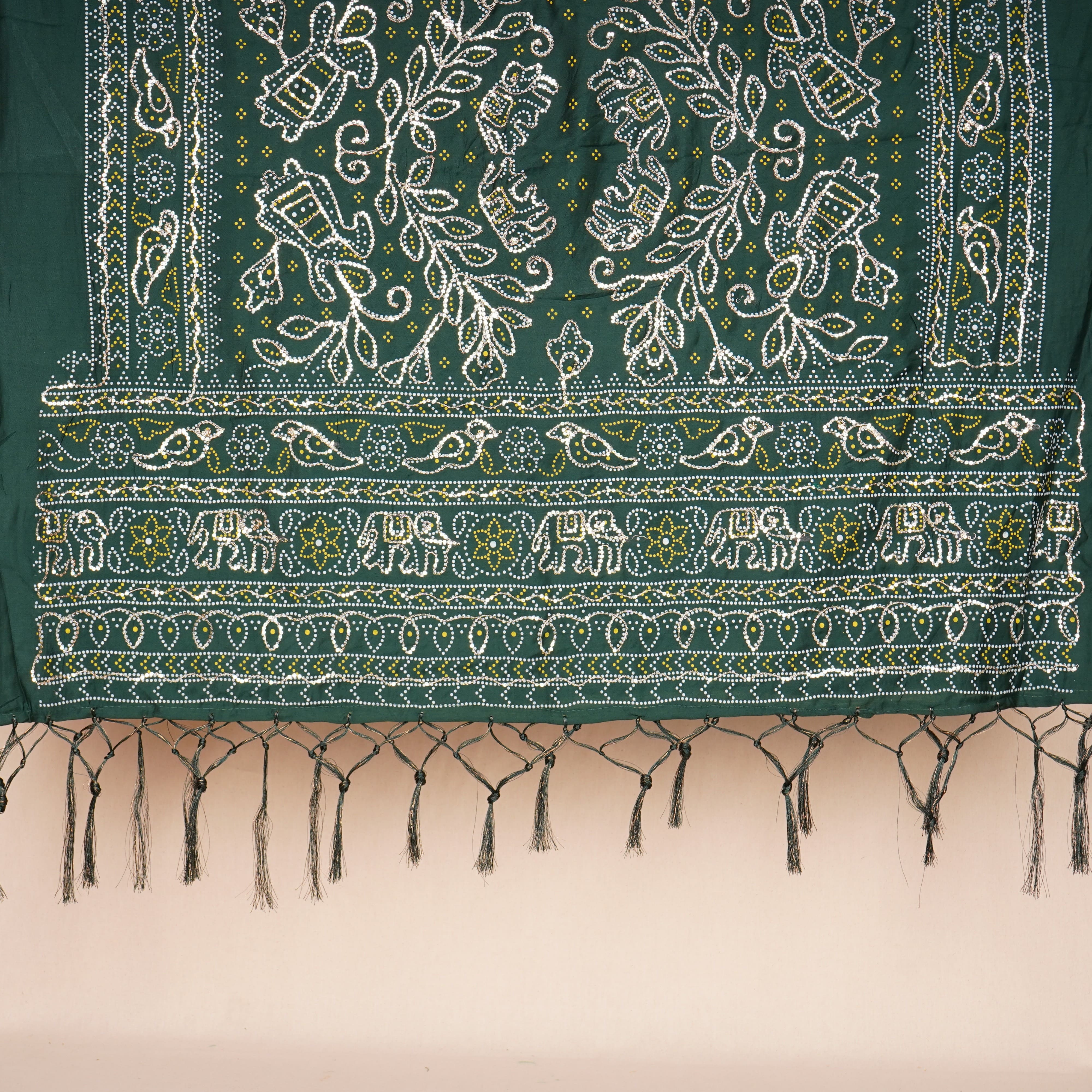 Green Bandhani Zari Sequin embroidery Cotton Silk Dupatta