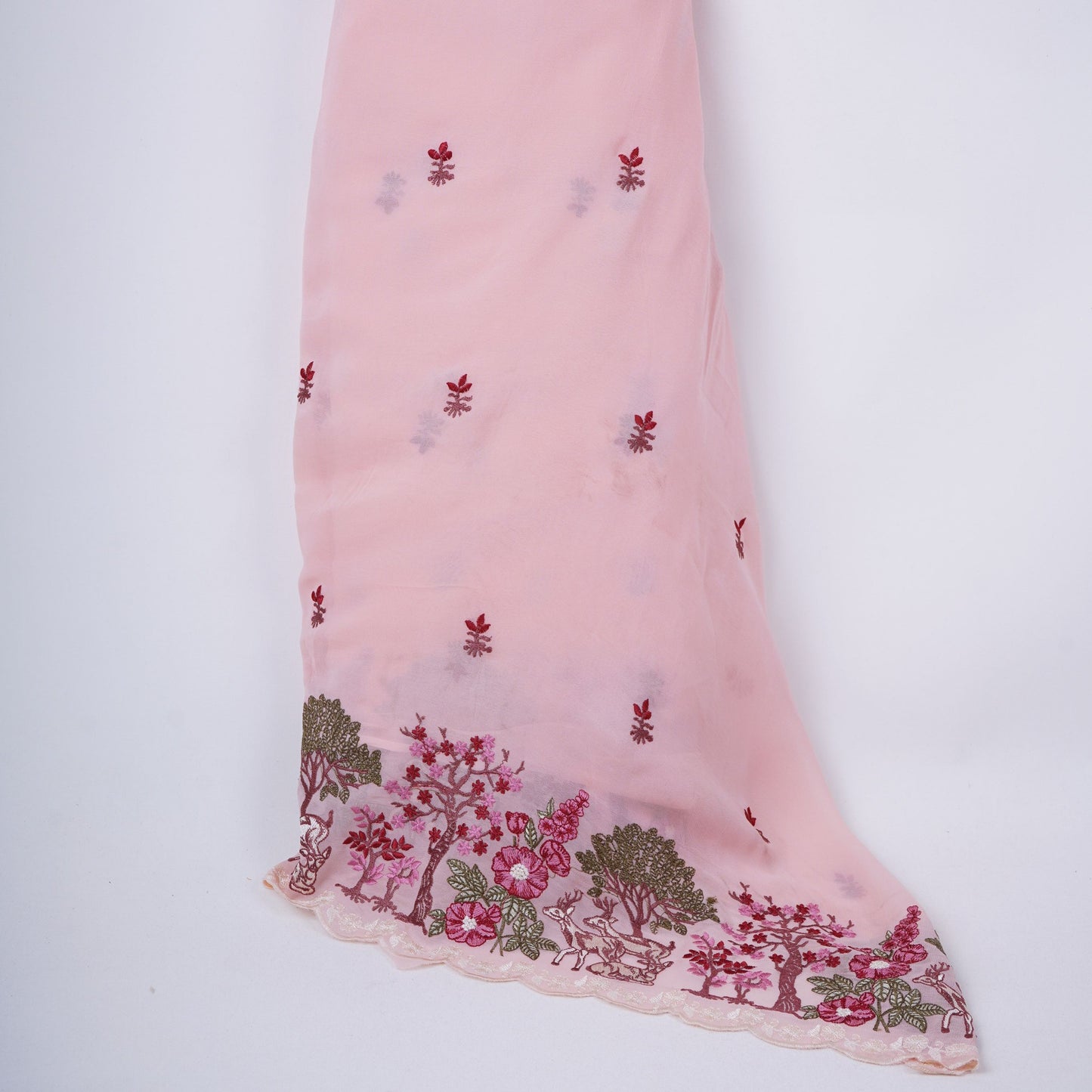 Peach Pink floral Border embroidery Georgette Fabric VFS-31863