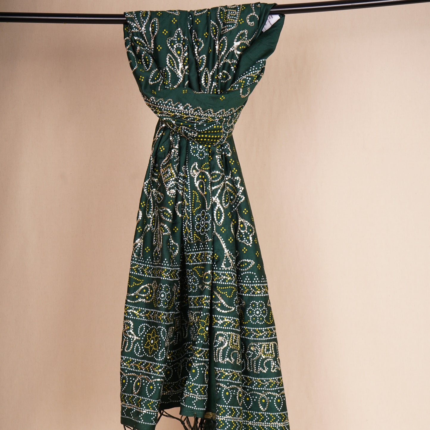 Green Bandhani Zari Sequin embroidery Cotton Silk Dupatta