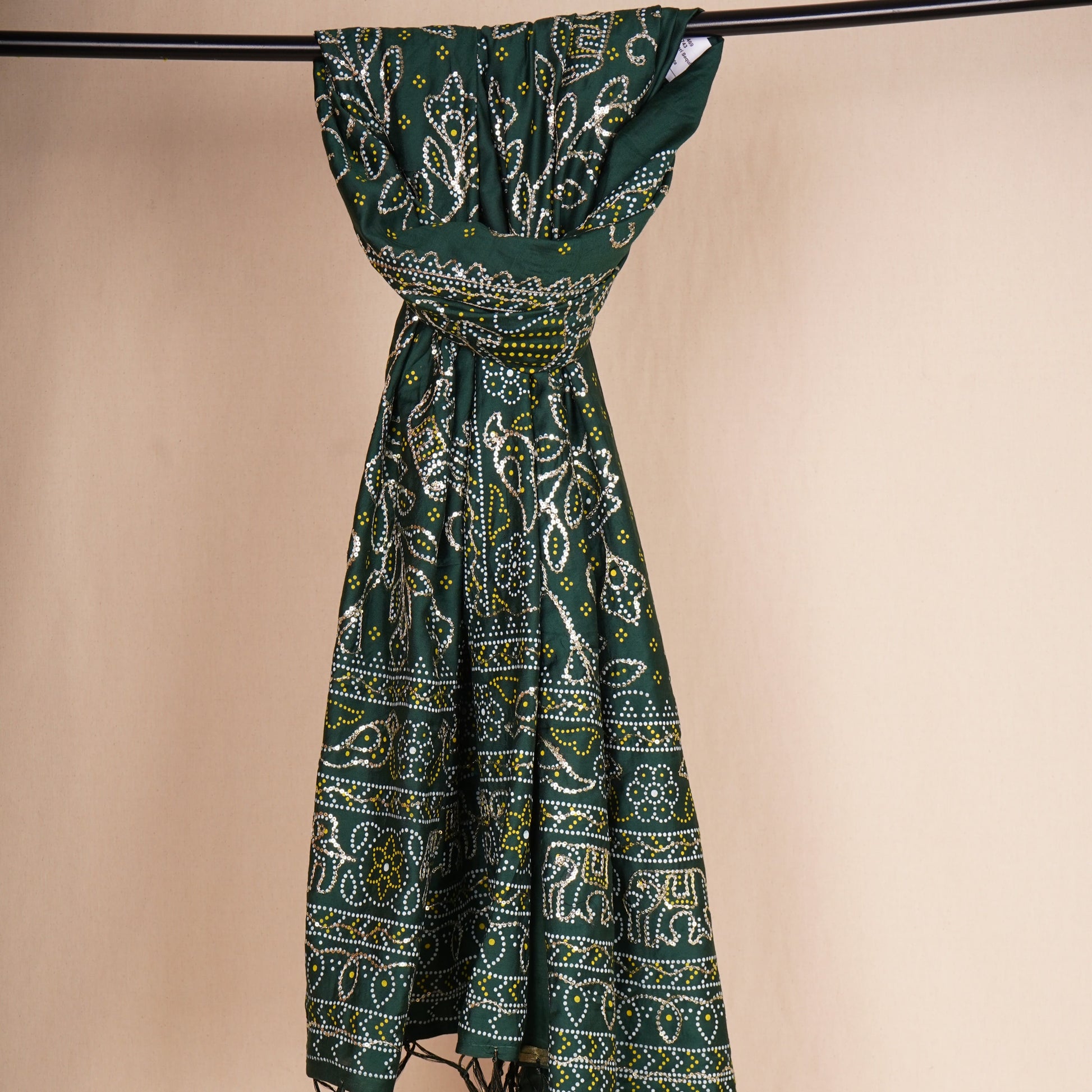 Green Bandhani Zari Sequin embroidery Cotton Silk Dupatta