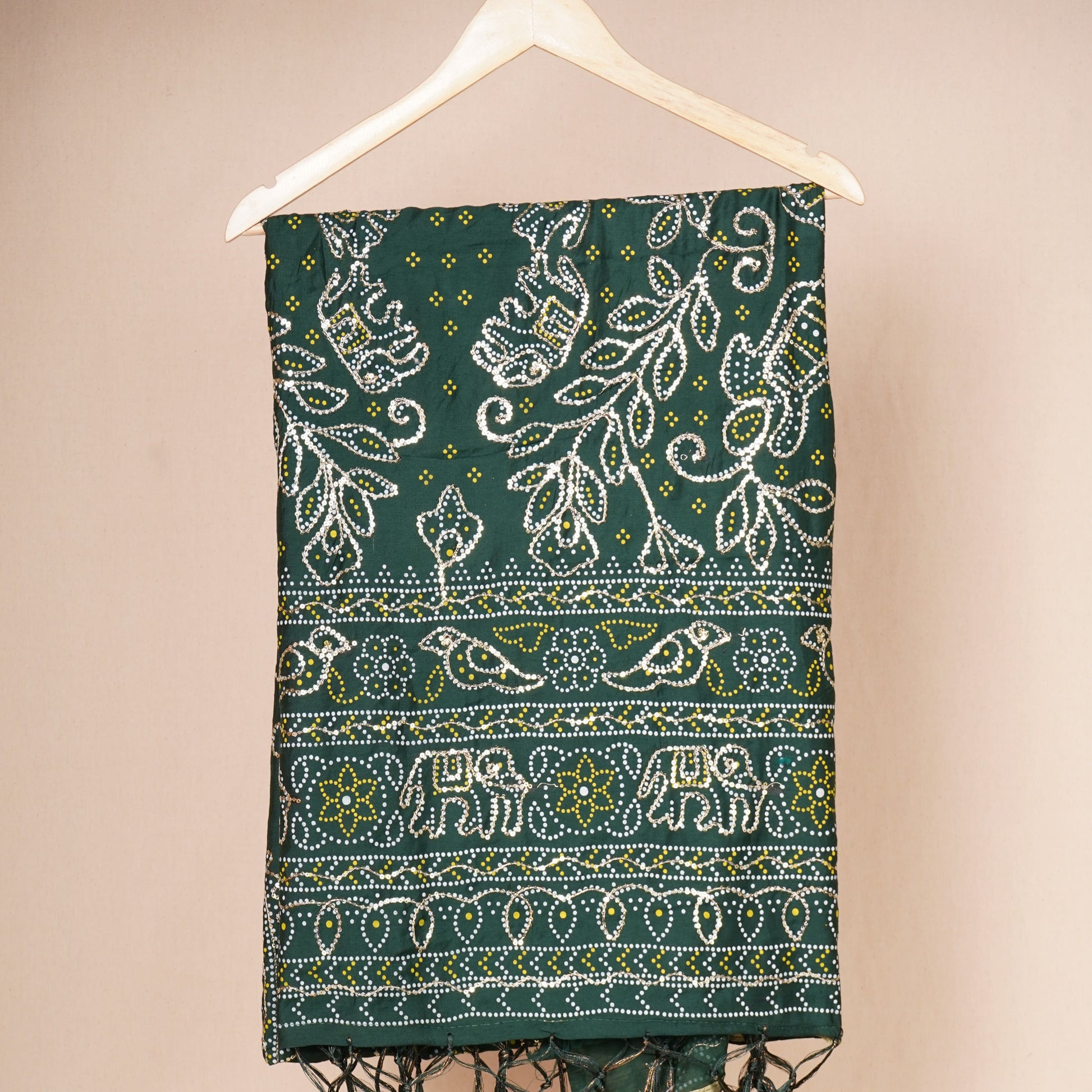 Green Bandhani Zari Sequin embroidery Cotton Silk Dupatta