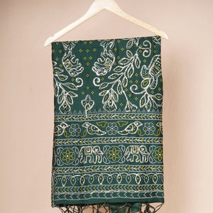 Green Bandhani Zari Sequin embroidery Cotton Silk Dupatta